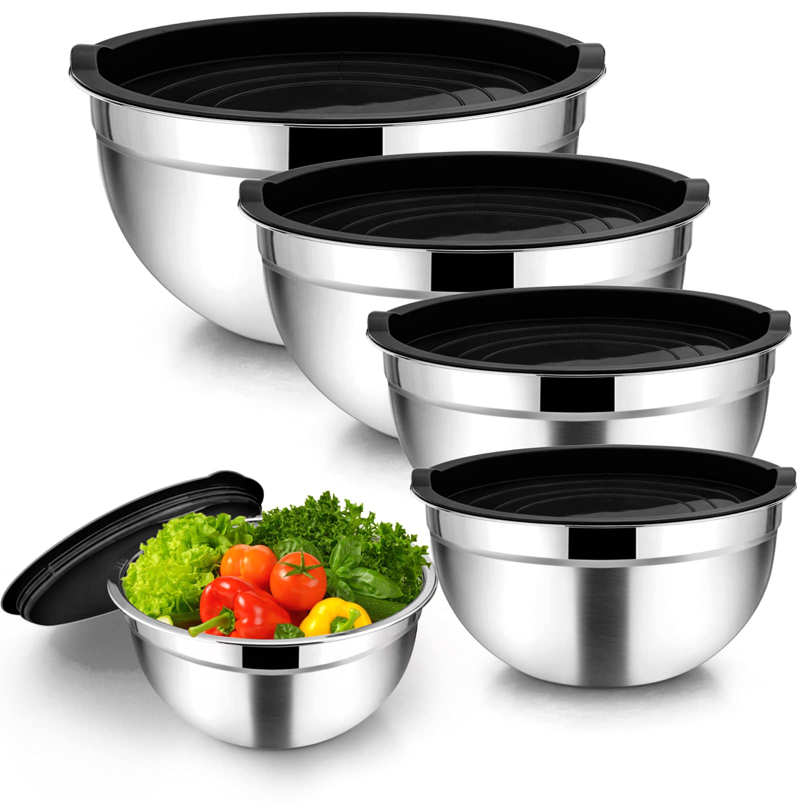 Teamfar Mixing Bowl Set Of 5, 4.5/3/1.5/1/0.7 Qt, Stainless Steel Metal Nesting Salad Bowl With Lid Set, Ideal For Mixing Servin