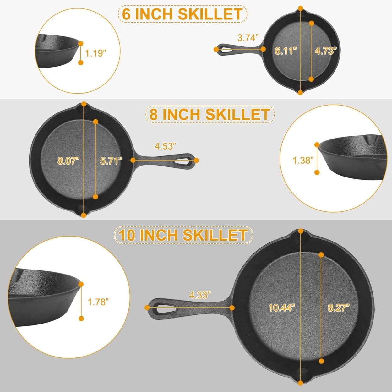 Imountek 3-Piece Pre-Seasoned Non-Stick Bpa Free Cast Iron Pans, Cast Iron Cookware For Grill, Oven, Electric & Gas Burner Stove