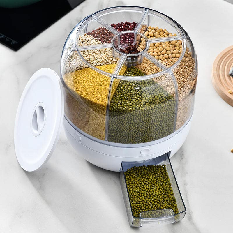 Zroof 6Grid Rotating Food Dispenser  Rice Bucket Storage Tank, Cereal Dispenser, Stackable Containers, OneClick Rice Picking,