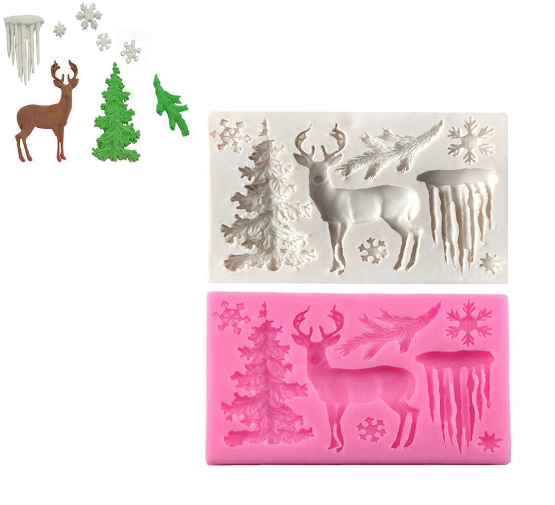 Jafirous 2Pcs Christmas Theme Silicone Mold Elk Snowflake Tree Deer Fondant Dessert Ice Cube Candy Chocolate Mold