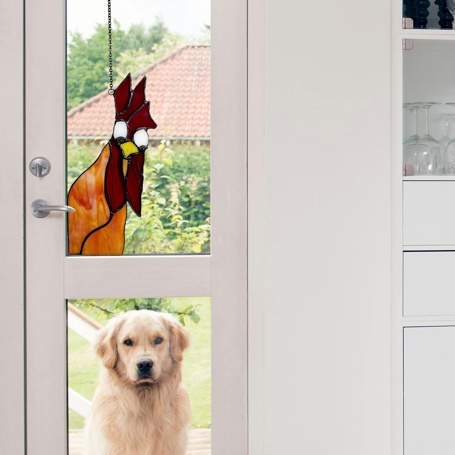 Peeping Rooster Stained Glass Window Hanging, Chicken Gifts for Women Mom Grandma Wife, Chicken Kitchen Decor, Funny Window Corn