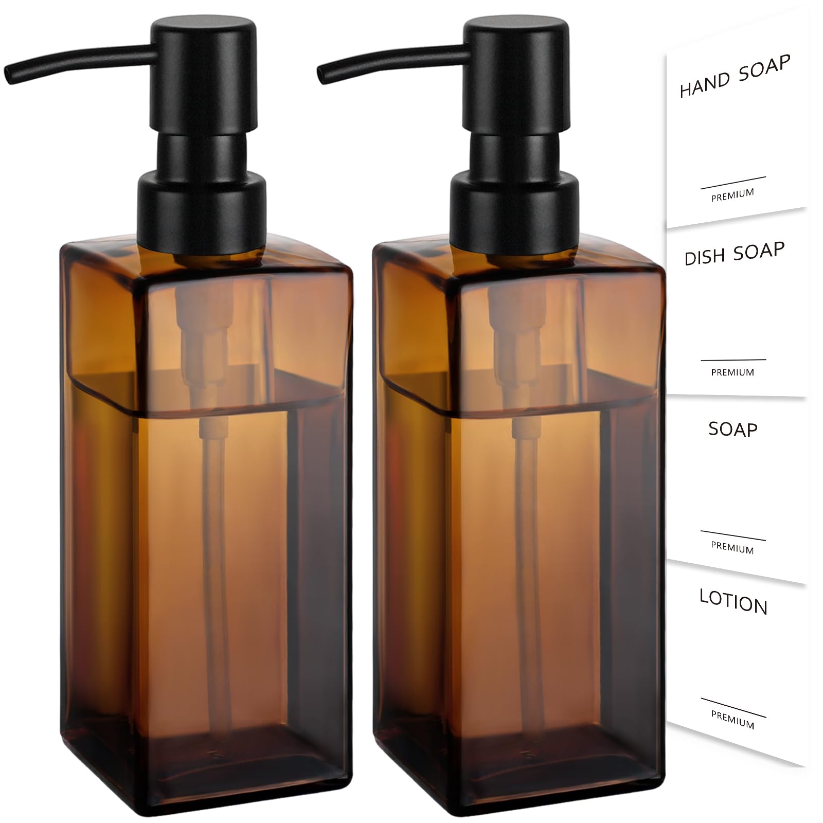 Gmisun Amber Glass Soap Dispenser, 2 Pack Hand Soap Dispenser Bathroom, 12Oz Dish Soap Dispenser Set For Kitchen, Glass Liquid S