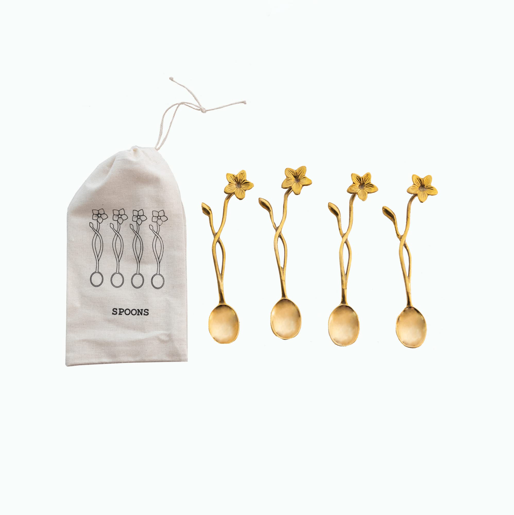Creative Co-Op Farmhouse Brass Flower Handles In Drawstring Bag, Finish Spoon