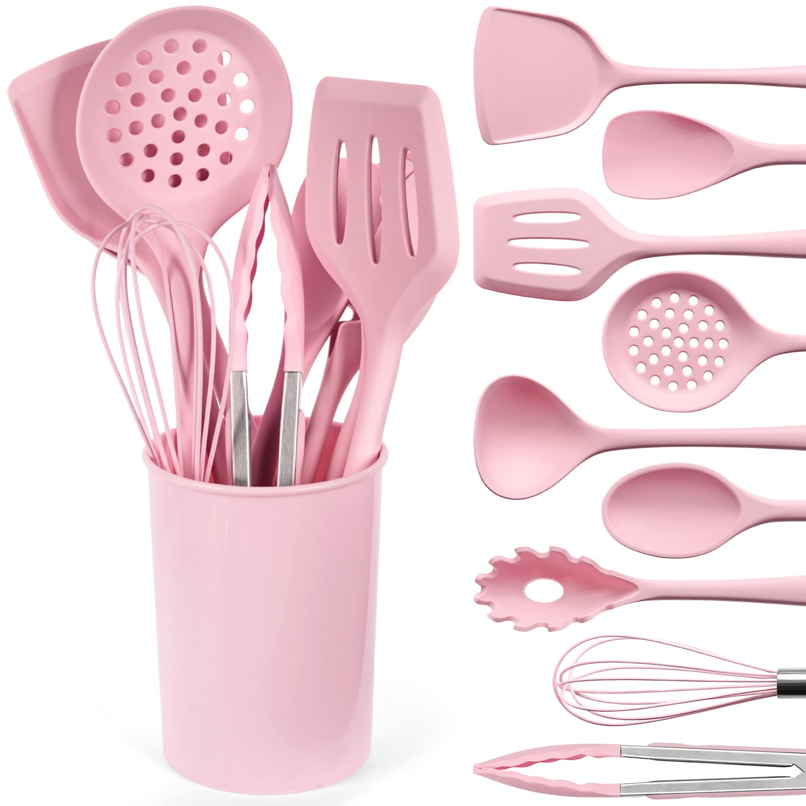 LOVEINUSA 10-Piece Silicone Kitchen Utensils Set with Holder - Pink Non-Stick Cooking Tools, 446F Heat Resistant Spatula Set, Di