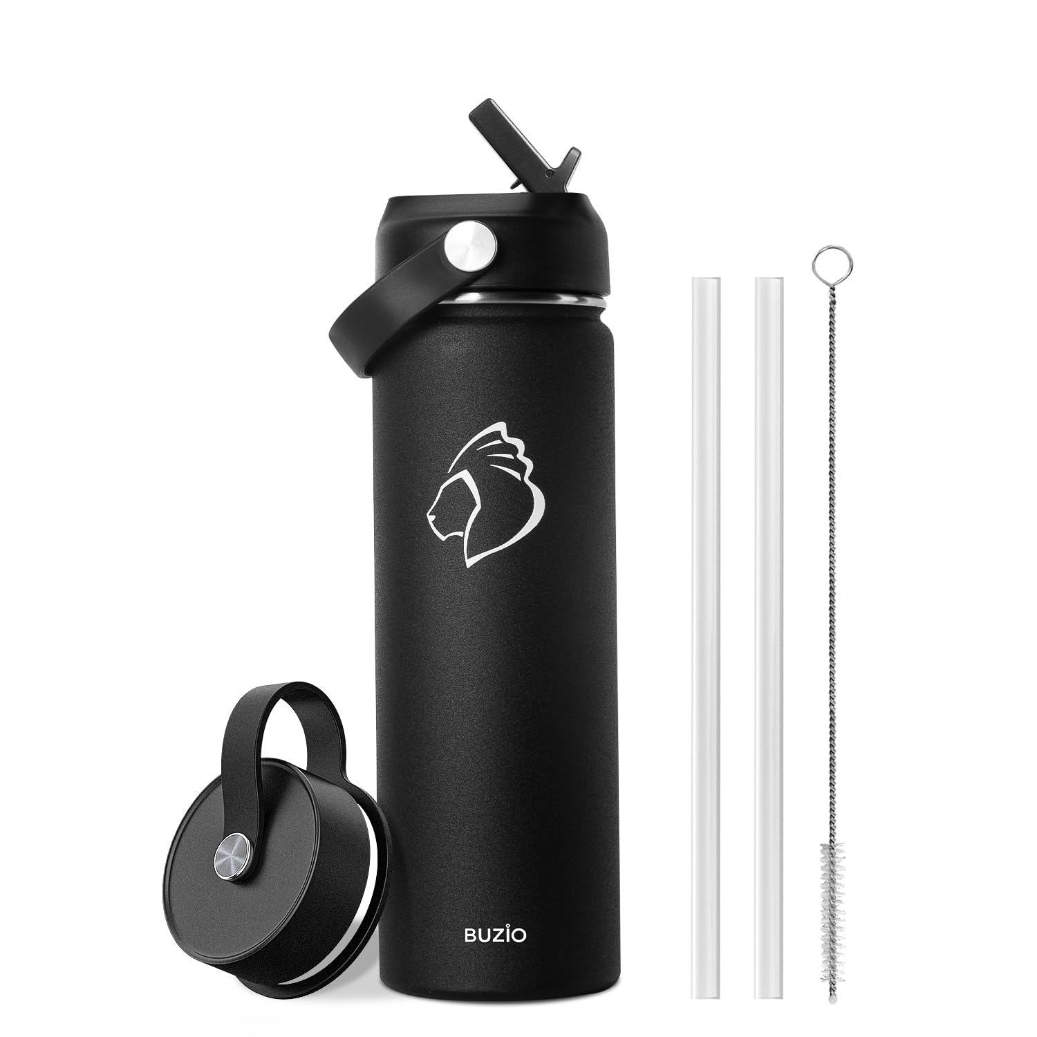 BUZIO 22oz Insulated Water Bottle with Straw Lid and Flex Cap, Wide Mouth Vacuum Insulated Stainless Steel Double Wall Water Fla