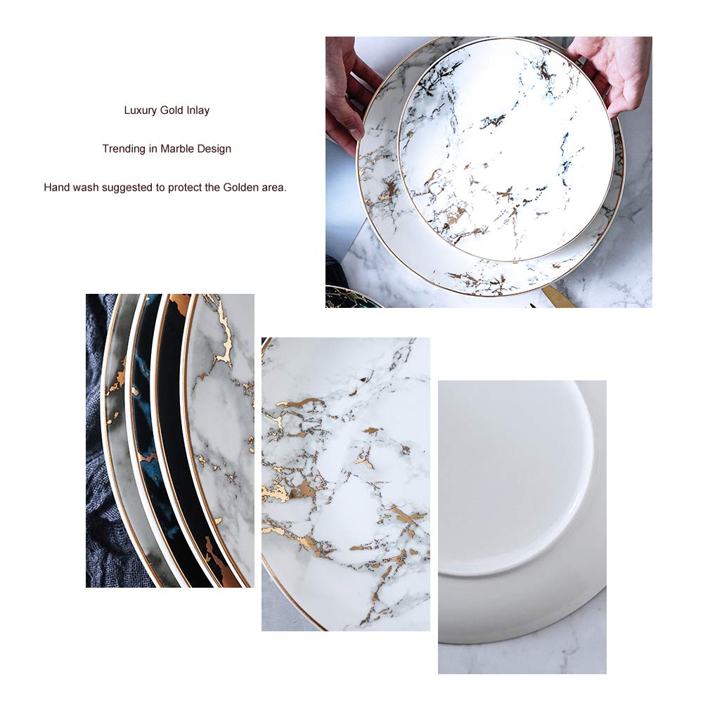 Coffeezone Slight Gold Inlay Fashion Marble Design Porcelain Dessert Plates Set Of 4 (Slight Gold 8 Inches)