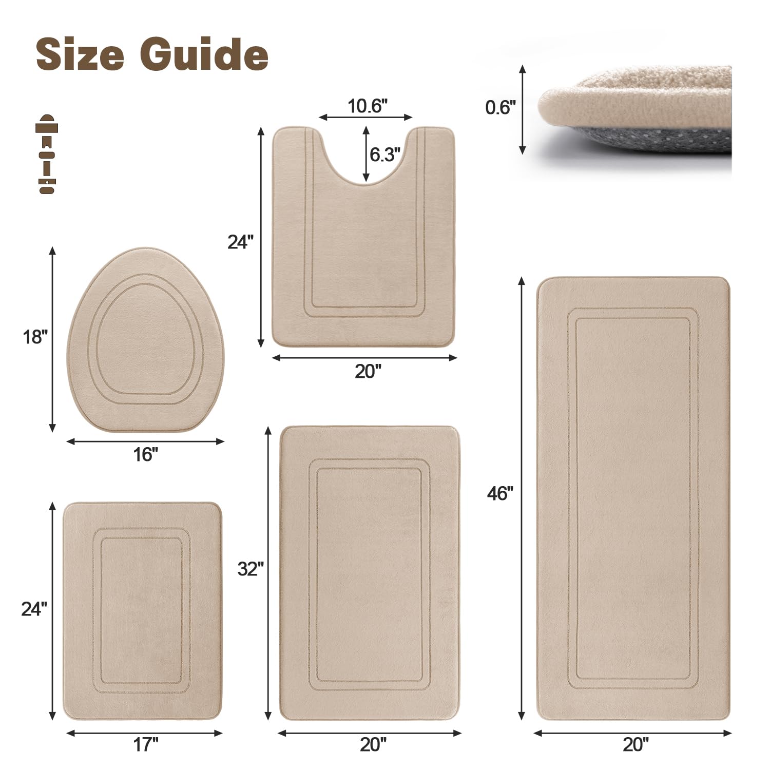 Yihouse Beige Memory Foam Bathroom Rug Set 5 Piece, Absorbent Bathroom Mat Set, Non Slip Bath Mats For Bathroom, Washable & Dry