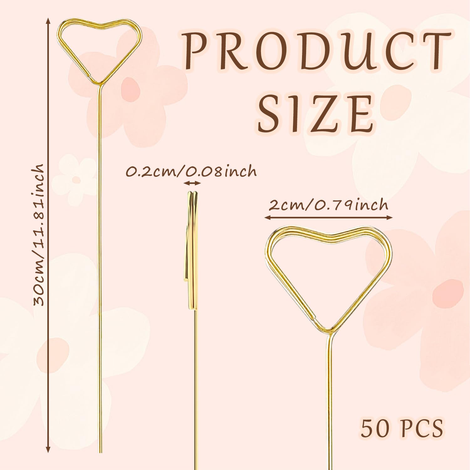 Syeycw 50 Pcs Florist Card Holder Sticks, Flower Card Holder Stick, Heart Shape Flower Card Holders, Gold Metal Card Picture Hol