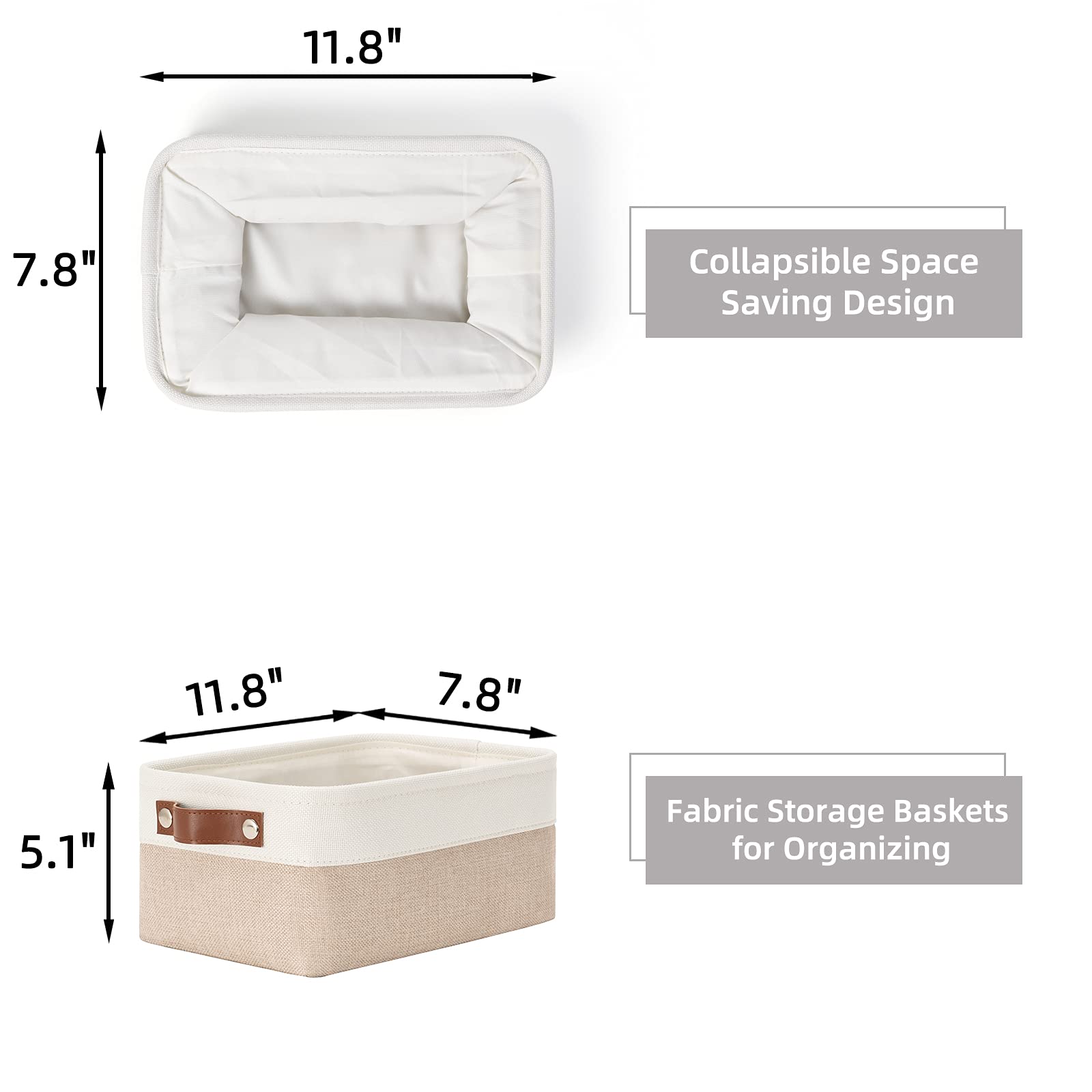 HNZIGE Small Fabric Baskets for Organizing(6 pack) Collapsible Storage Baskets for Shelves  Closets  Laundry  Nursery  Decorative Baskets for Gifts Empty (White&Khaki  11.8 '' x 7.8 '' x 5.1 '')