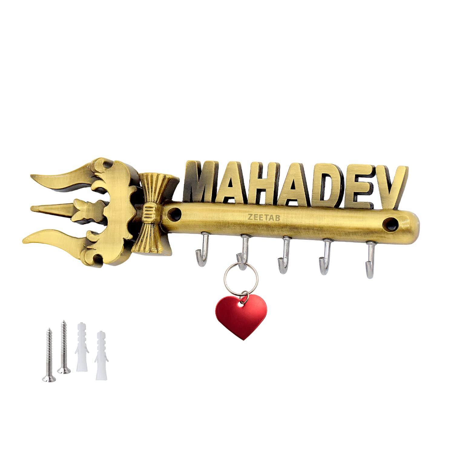 Zeetab Mahadev Shiva Key Holder & Hanger | Metal Trishul Wall Mount Key Stand with 5 Hooks | Home Decor Gift (20x6cm)