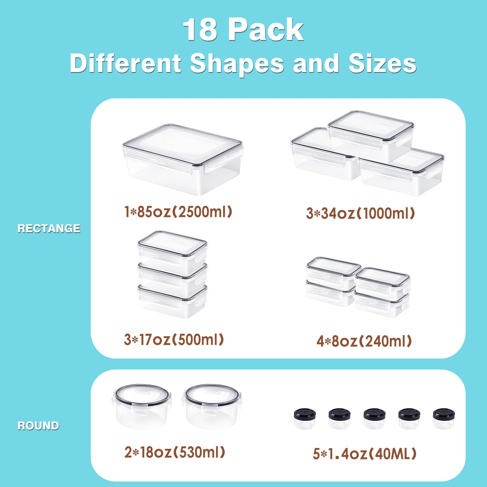 KAGUYA 36 PCS Plastic Food Storage Containers with Lids  1.4 Oz - 84.5 Oz  100% BPA Free  Food Grade Materials  Dishwasher  Microwave and Freezer Friendly