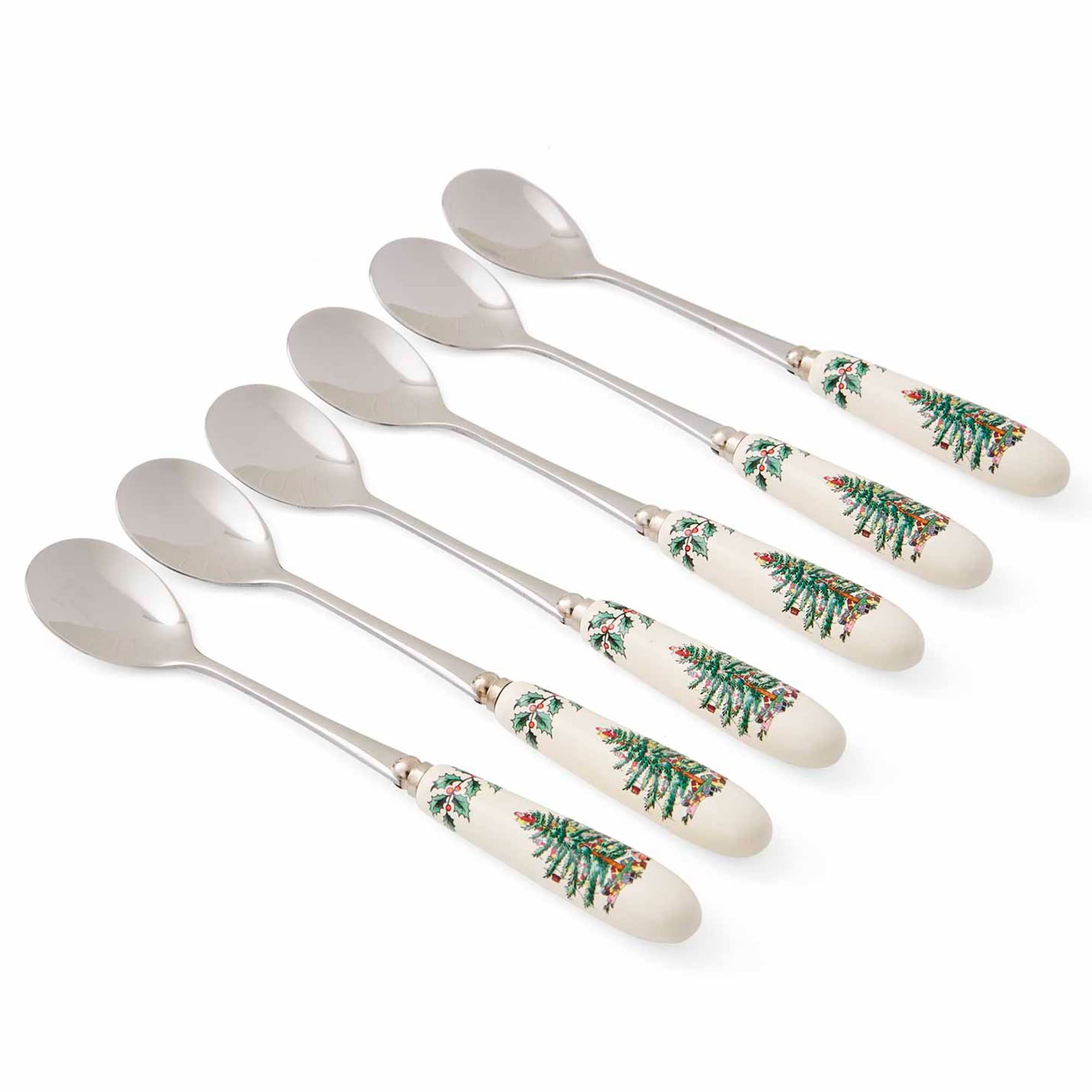 Portmeirion Christmas Tree Collection Teaspoons, Set Of 6, Holiday Silverware, Dessert Spoons, Flatware, Made Of Porcelain And S
