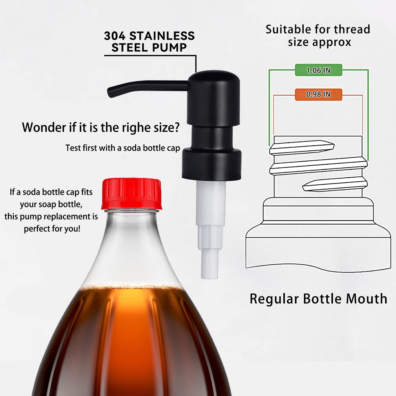 Easy Tang Durable 304 Rust Proof Stainless Steel Pump Head, Kitchen Soap Dispenser Pump Replacement For Regular Mouth Bottle (Bl