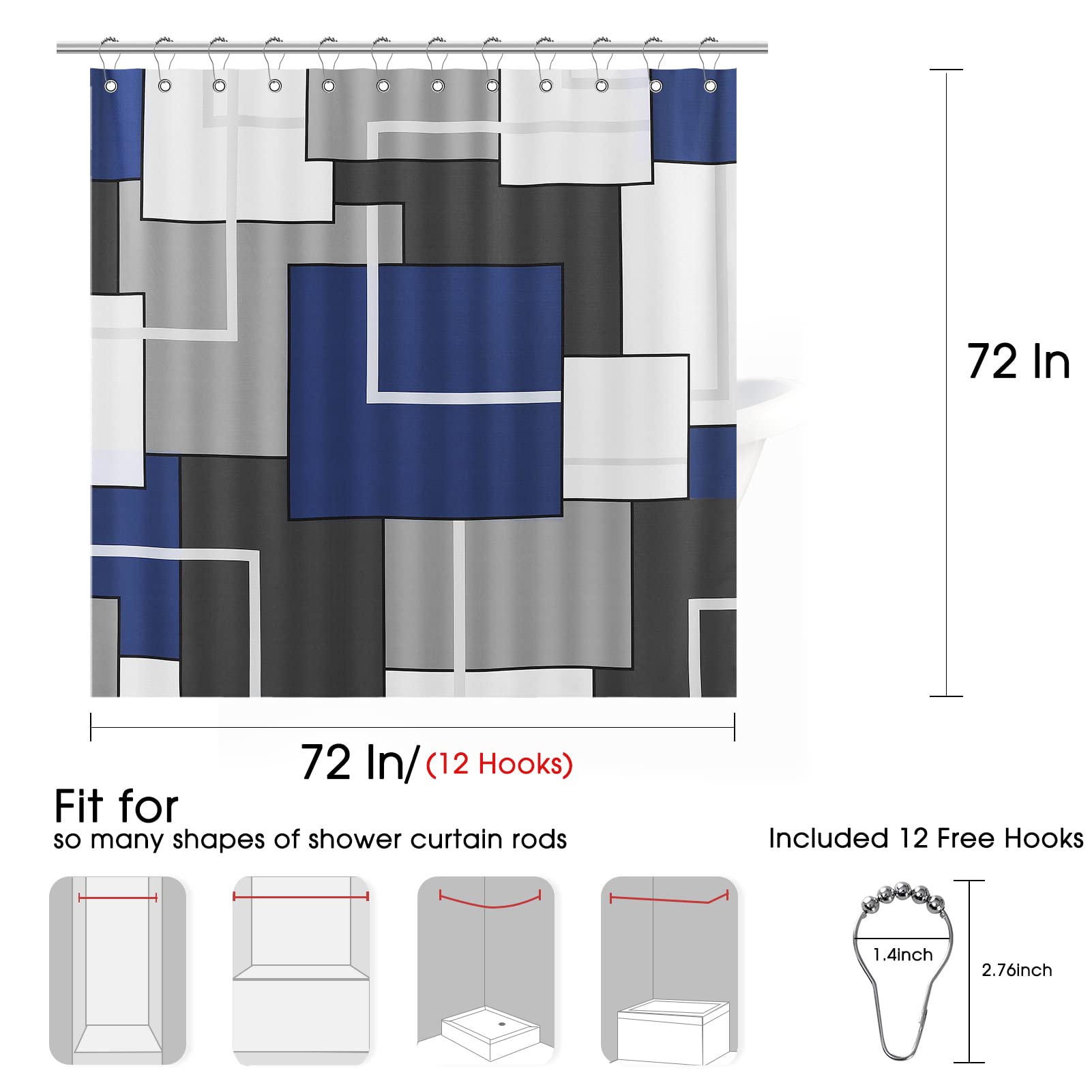 Blue Shower Curtain Set with Hooks Blue and White Morden Shower Curtains for Bathroom Fabric Grey Shower Curtain Abstract Geometric Bath Curtains Decorative Gray Shower Curtain Water Repellent 72x72