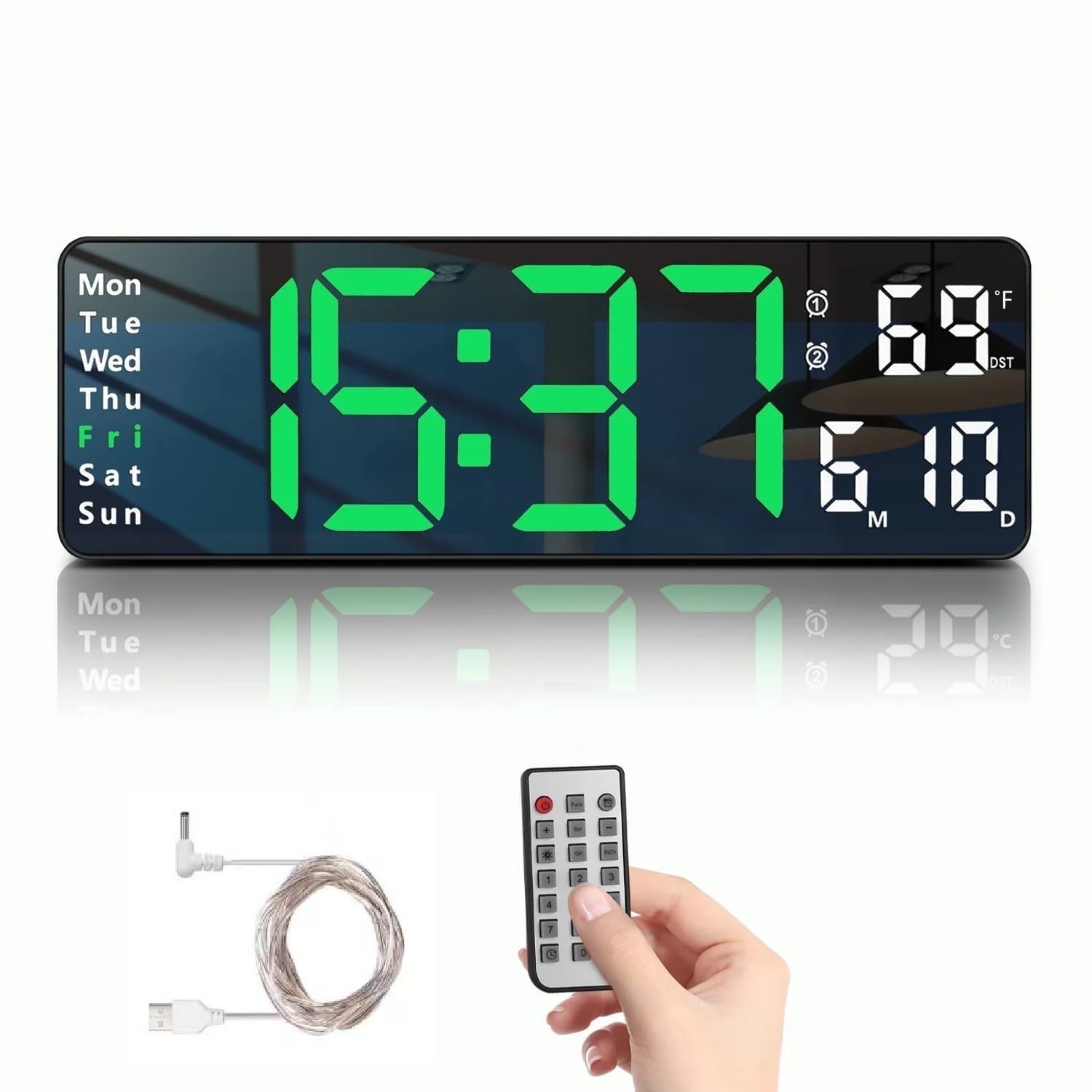 Elexiq Large-Digital-Wall-Clock Large Display With Remote Control, Automatic Brightness Alarm Clock With Temperature, Date, Week