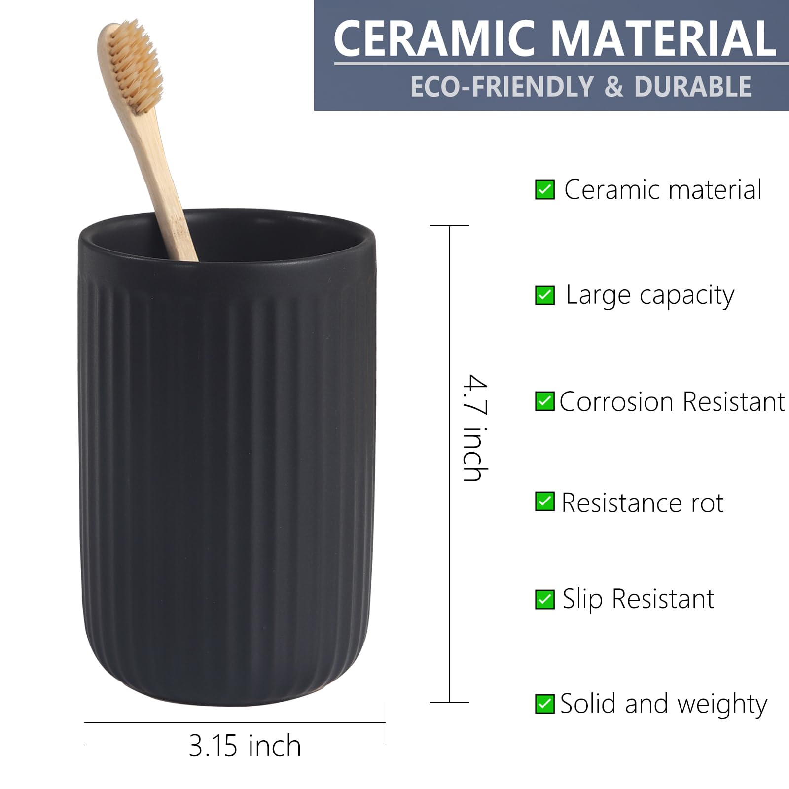 Matte Black Toothbrush Holders For Bathrooms - Ceramic Toothbrush Toothpaste Holders Set, Black Bathroom Tumbler Cups Reusable T