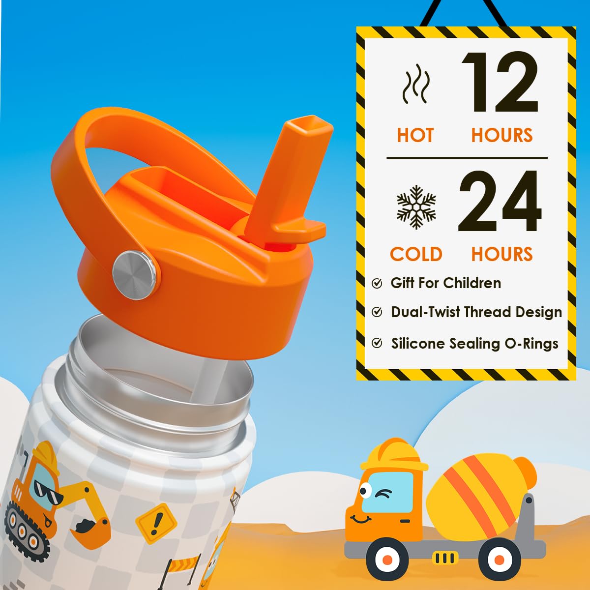 Construction Kids Water Bottle With Straw Lid 12oz Insulated Stainless Steel, Truck Travel Tumbler, Gifts For Boys, Birthday, Ch