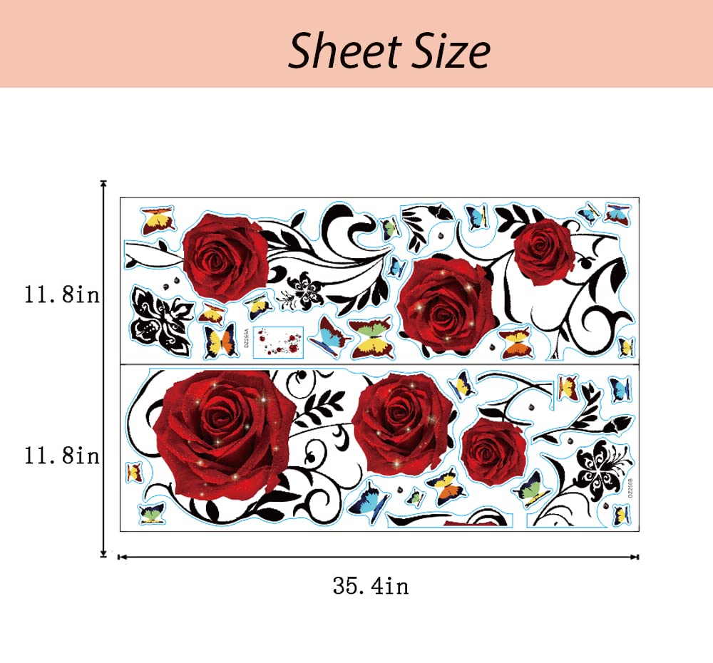 Supzone Red Rose Wall Stickers Rose Flower Vine Wall Decal Red Peony Floral Wall Decor DIY Vinyl Mural Art for Bedroom Living Room Sofa Backdrop TV Wall Decoration
