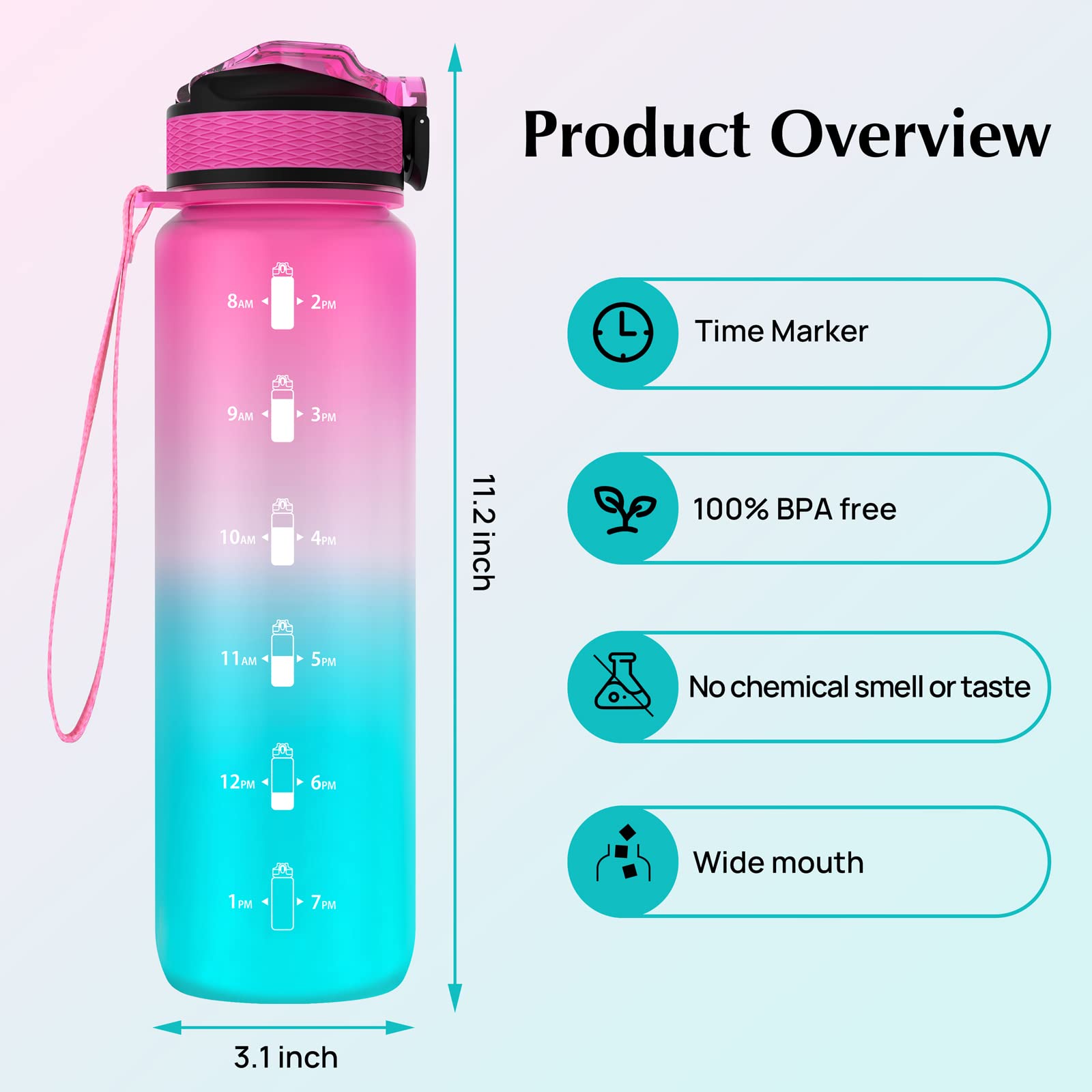 Eyq 32 Oz Water Bottle With Times Marker, Carry Strap, Leak-Proof Tritan Bpa-Free, Ensure You Drink Enough Water For Fitness, Gy