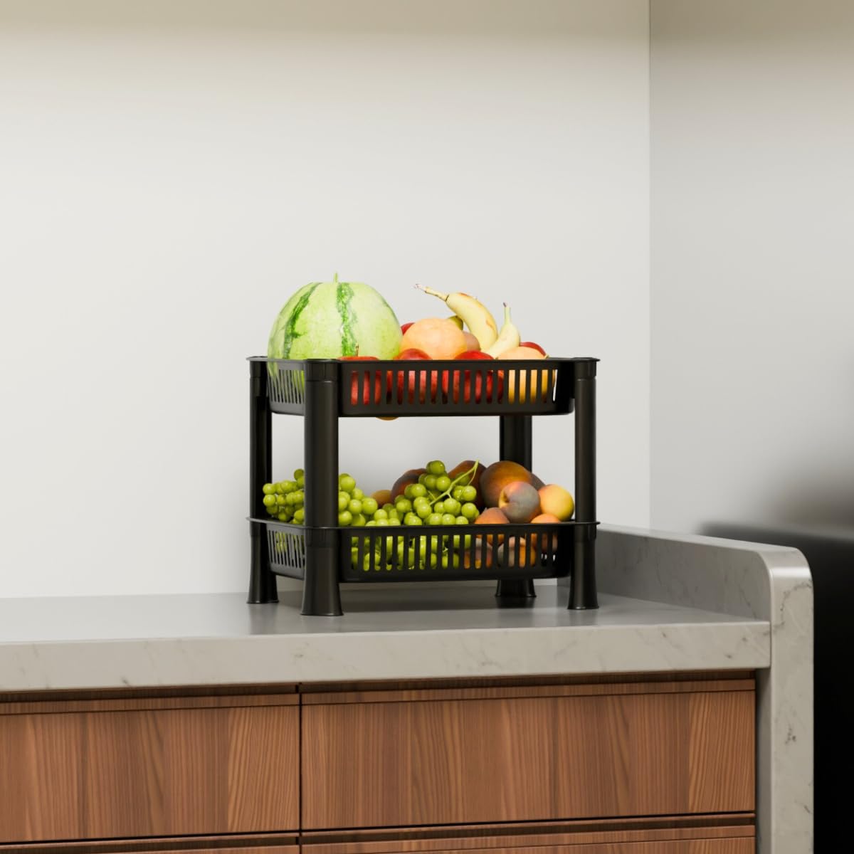 Foroly Multipurpose Foldable Plastic Storage Rack Basket Stand For Home, Office And Kitchen (Black, 2 Layer)