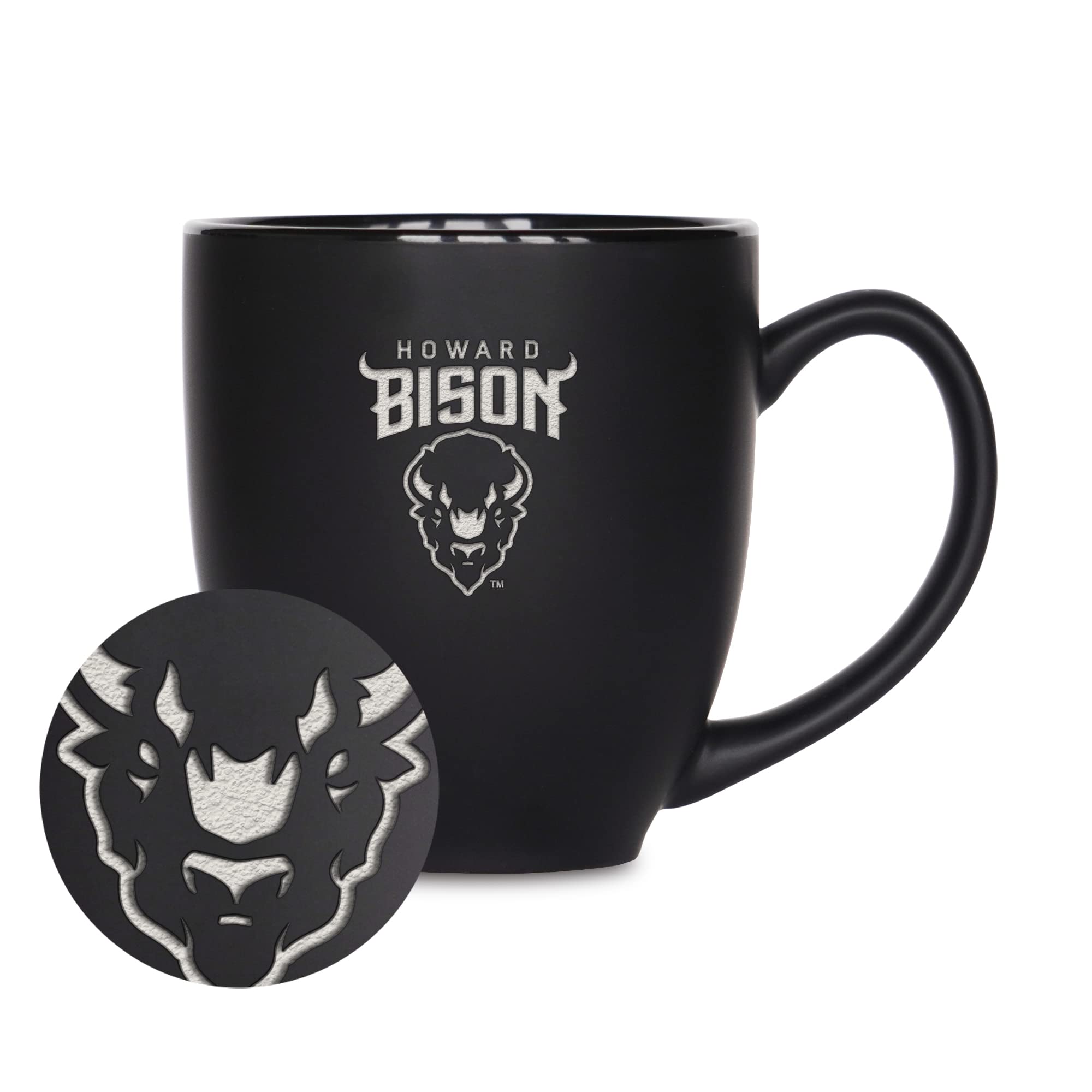 Rico Industries NCAA Howard Bison Main 15oz Laser Engraved Matte Black Ceramic Bistro Mug - For Hot or Cold Drinks