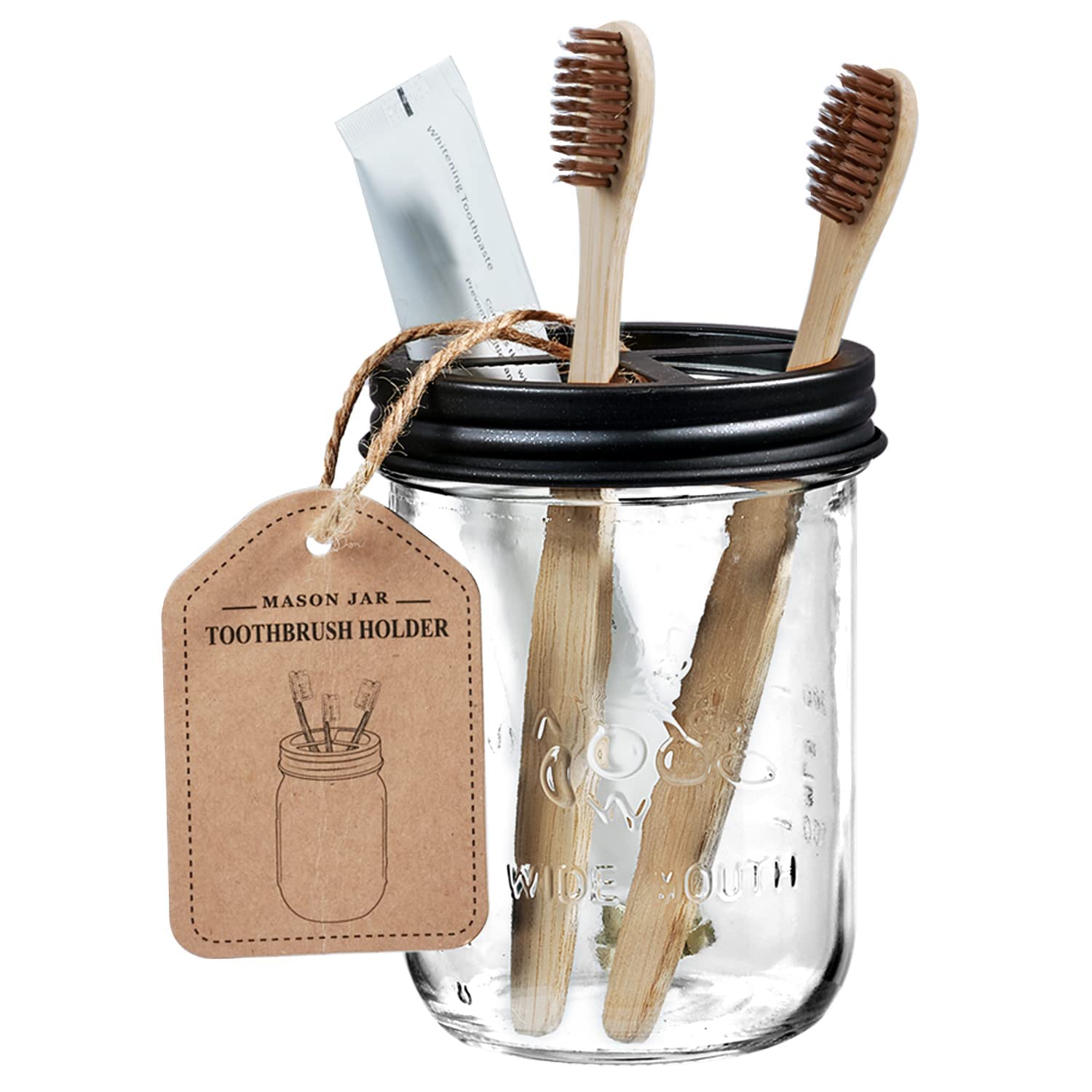Amolliar Mason Jar Toothbrush Holder - Rustproof Stainless Steel - Holds 2 Toothbrushes And Toothpaste,With Chalkboard Labels -