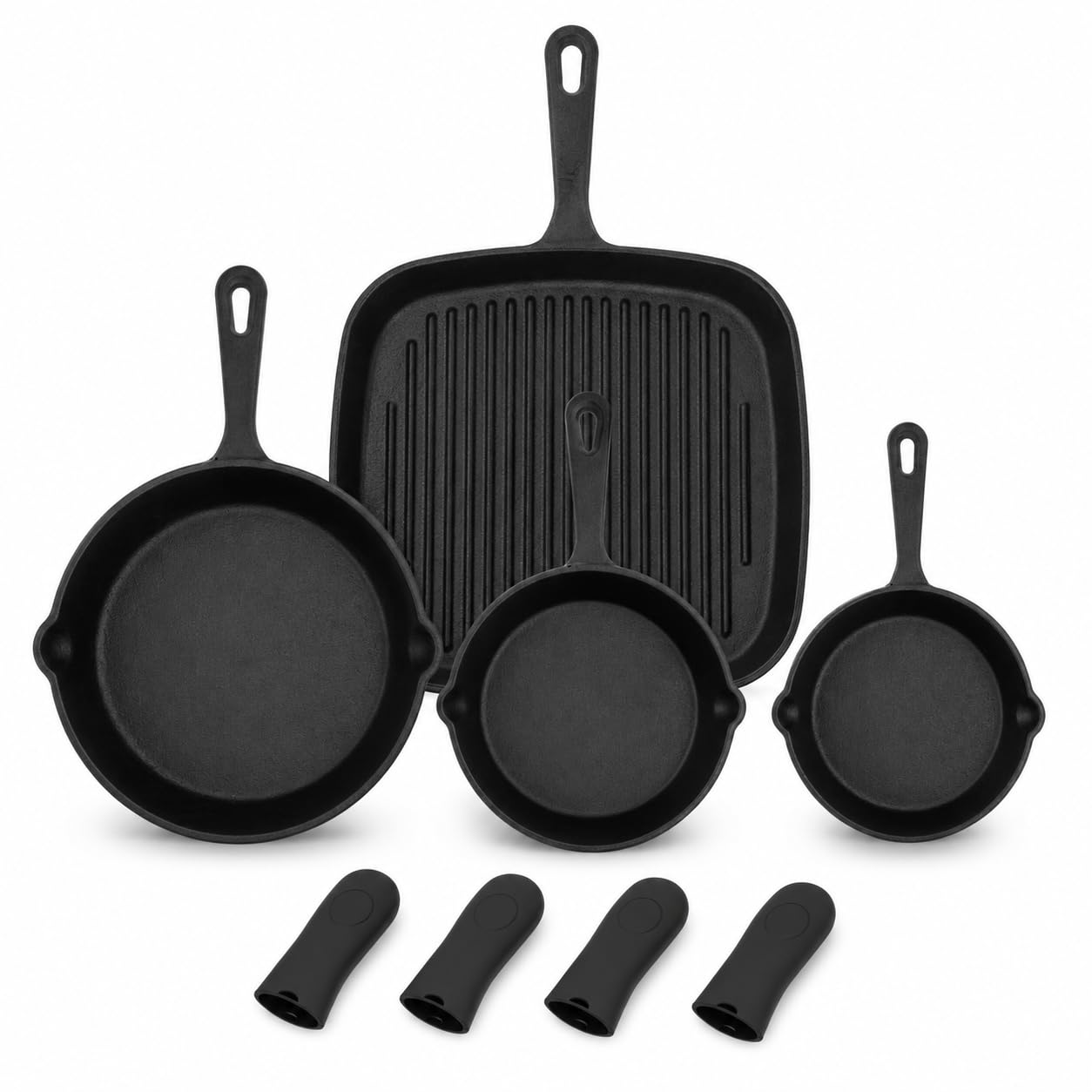 COSYOO 4 Pieces Cast Iron Skillet Set, Frying Pan and Grill Pan Set with Silicone Handle Covers, NonCoated Cookware Kit for Sto