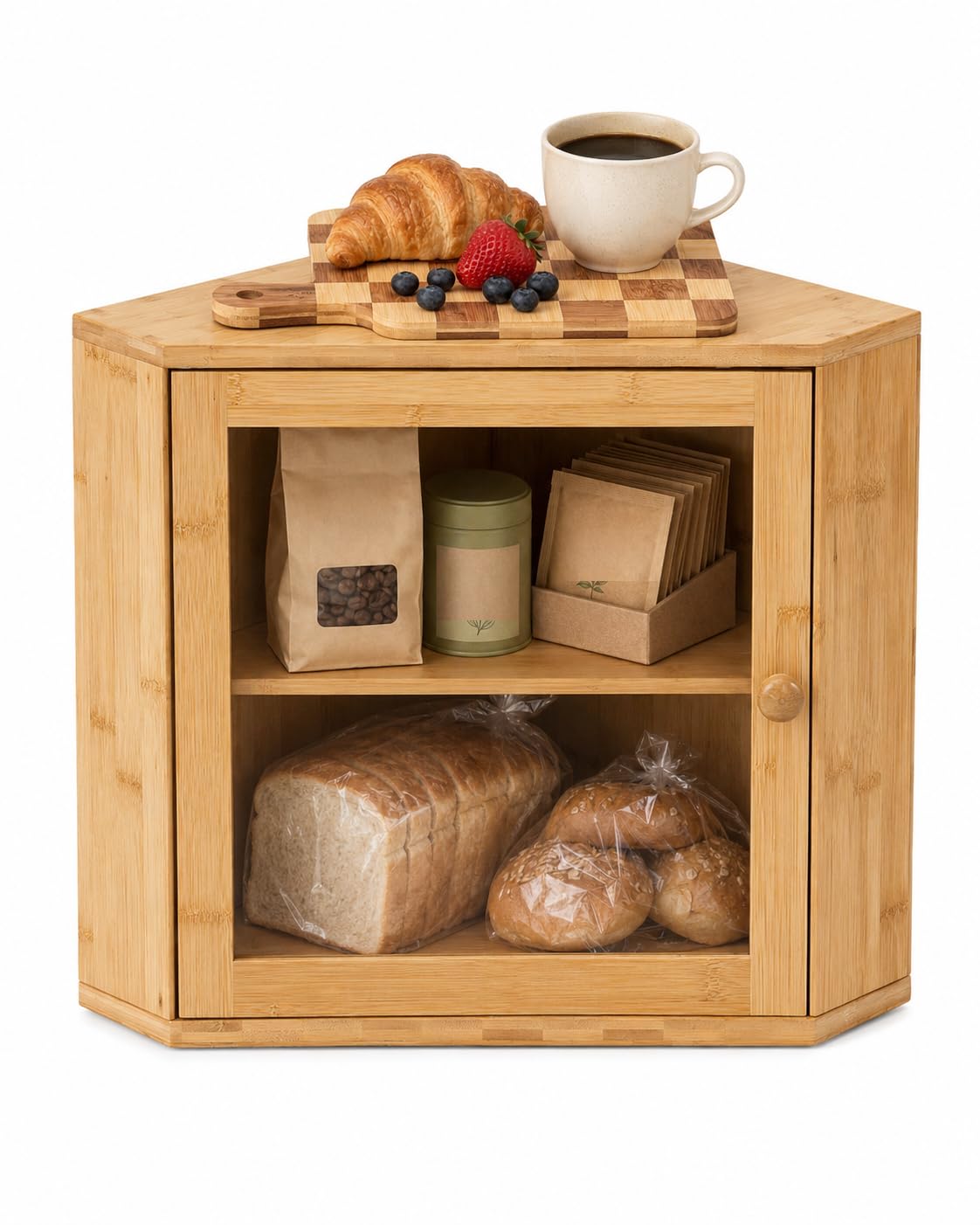 Plusinthebox Corner Bread Box, 2 Tier Bamboo Countertop Kitchen Organizer, Bread Storage Container for Bread, Bagels, Rolls, Sna