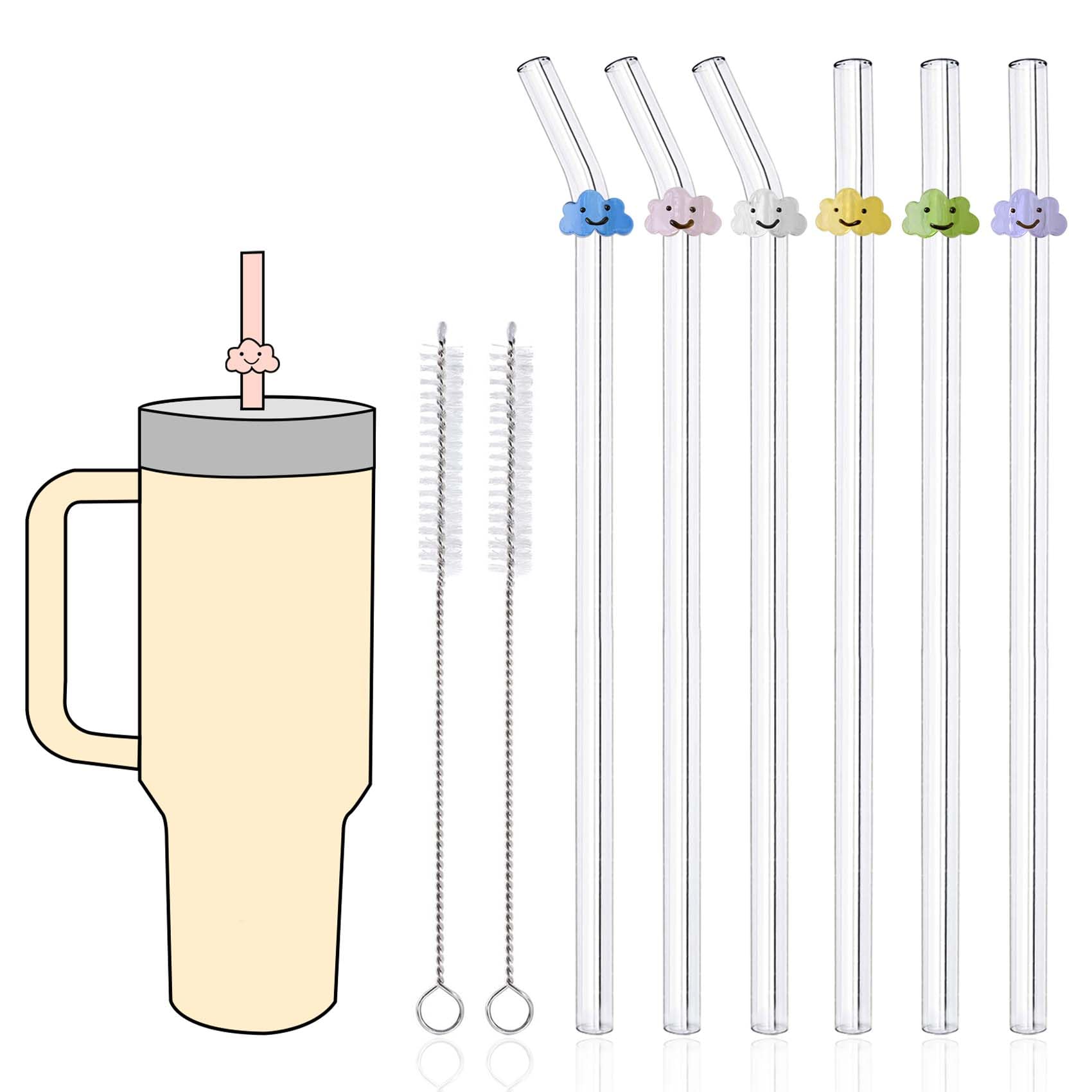 Duming-In 6 Pack Replacement Glass Straws For Stanley 40 Oz 30 Oz Tumbler, Cute Cloud Glass Straws With Charms, Stanley Straw Wi