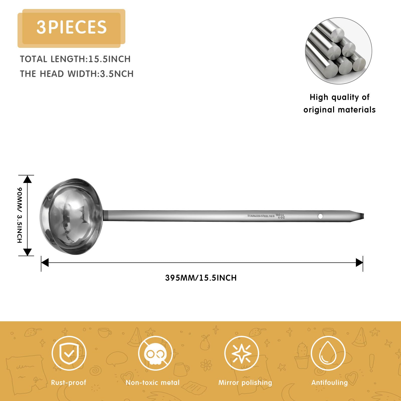 Meekoo 3 Pieces Stainless Steel Ladle Soup Handle Ladle With Pouring Rim For Kitchen Cooking Soup Sauce (6 Oz)