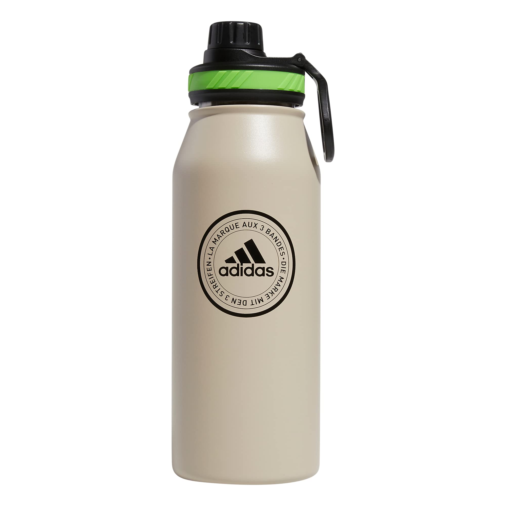 Adidas 1 Liter (32 Oz) Metal Water Bottle, Hot/Cold Double-Walled Insulated 18/8 Stainless Steel, Wonder Beige/Black/Lucid Lime