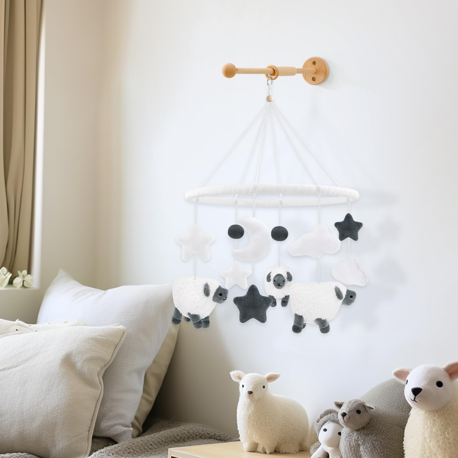 Sheep Baby Crib Mobile Lamb Nursery Mobile Neutral Farm Animal Hanging Decor with Furry Scottish Sheep Clouds Moon Stars Newborn