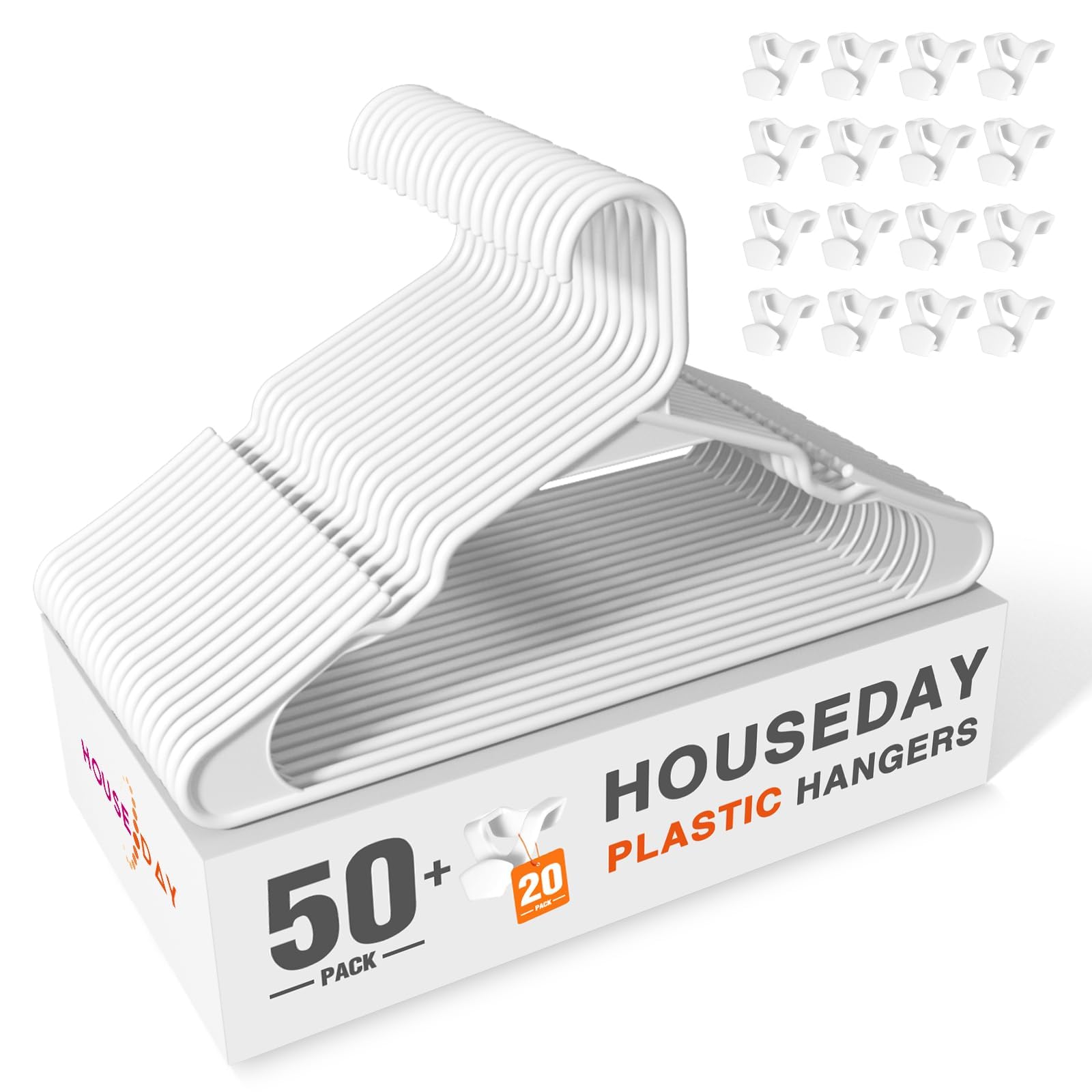 House Day White Plastic Hangers 50 Pack With 20 Pack Hanger Connector Hooks, Premium Slim Clothes Notched Hangers Space Saving,