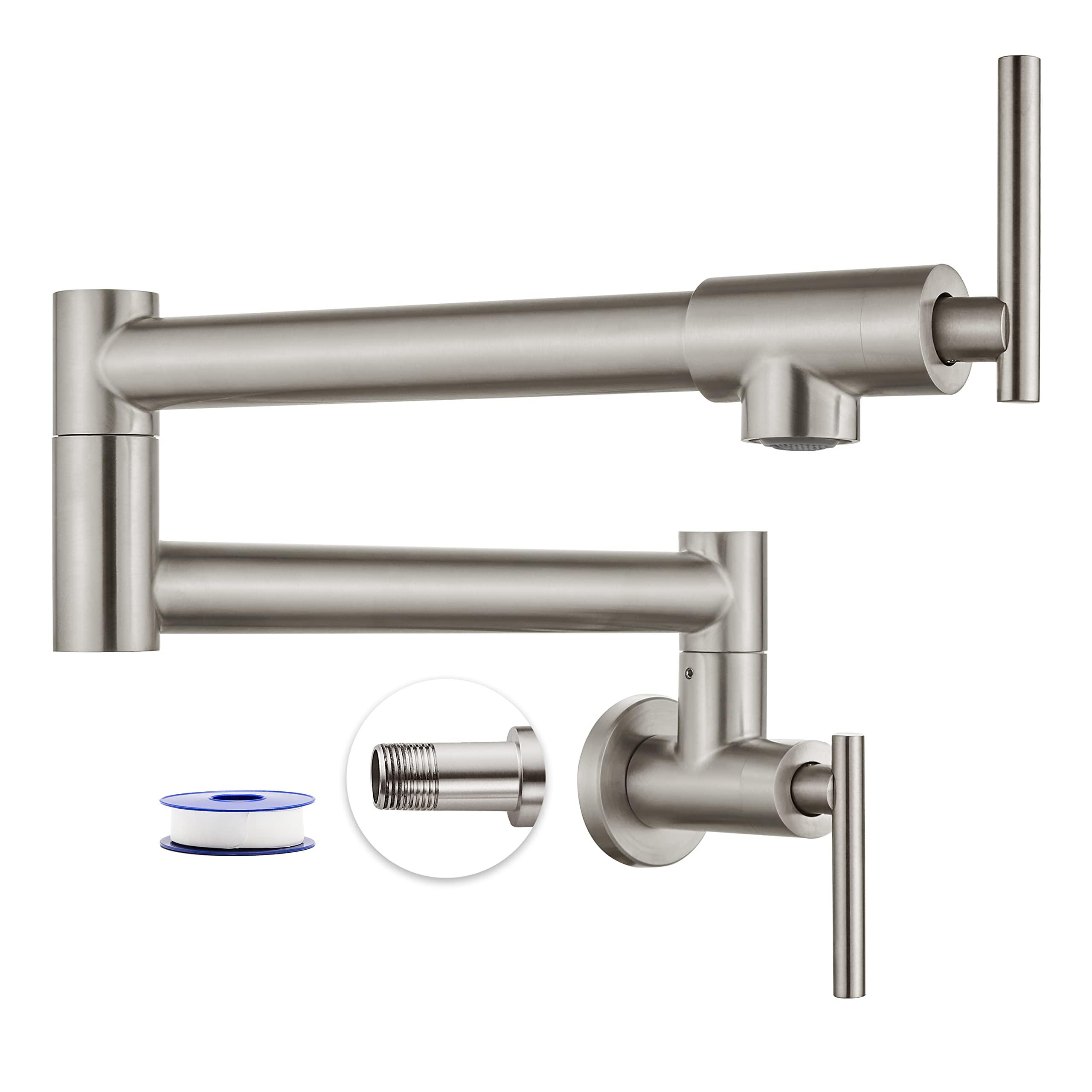 Heyalan Pot Filler Faucet Wall Mounted Stainless Steel 19 Inch 304 Brushed Nickel Double Joint Swing Folding Arms With Two Handl