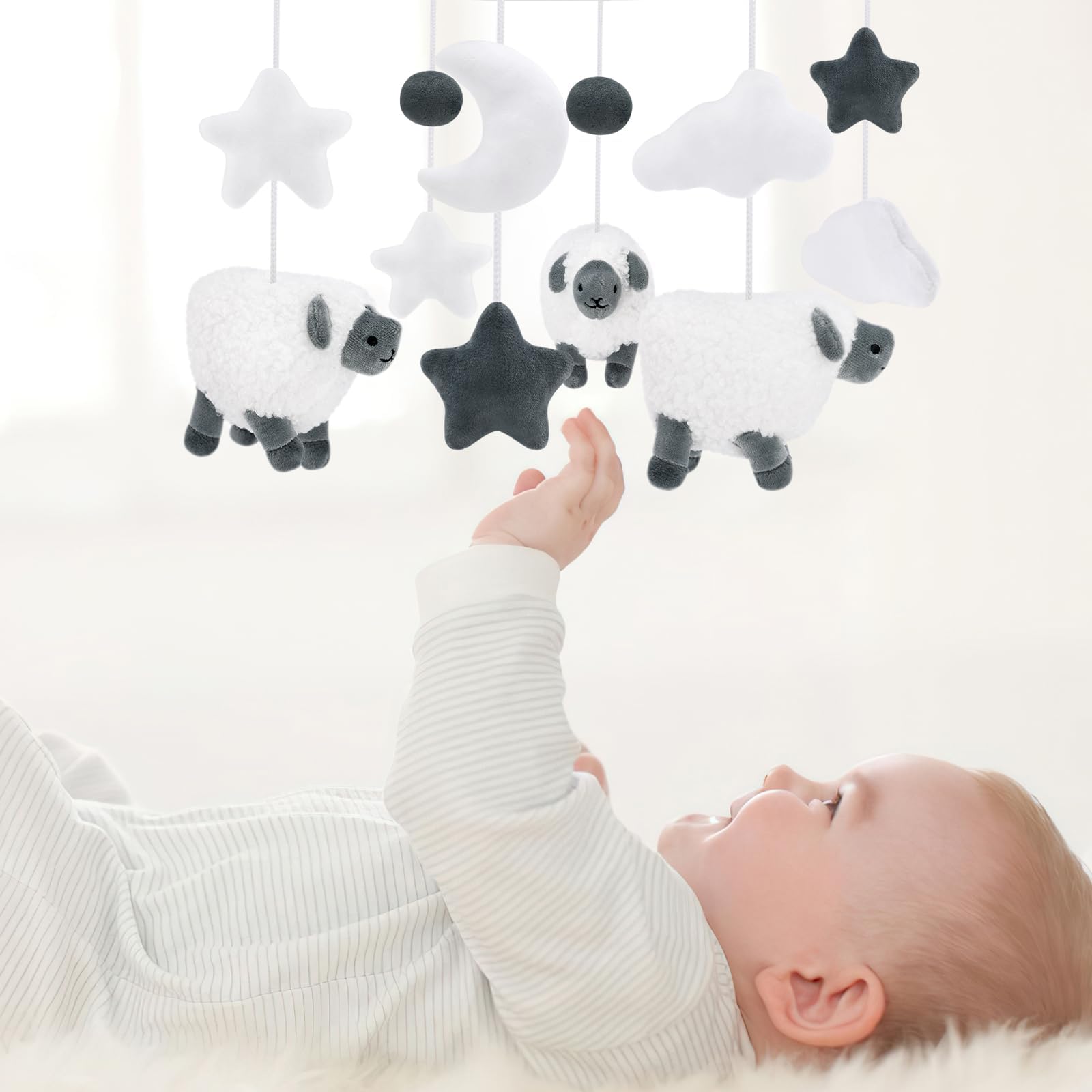 Sheep Baby Crib Mobile Lamb Nursery Mobile Neutral Farm Animal Hanging Decor with Furry Scottish Sheep Clouds Moon Stars Newborn