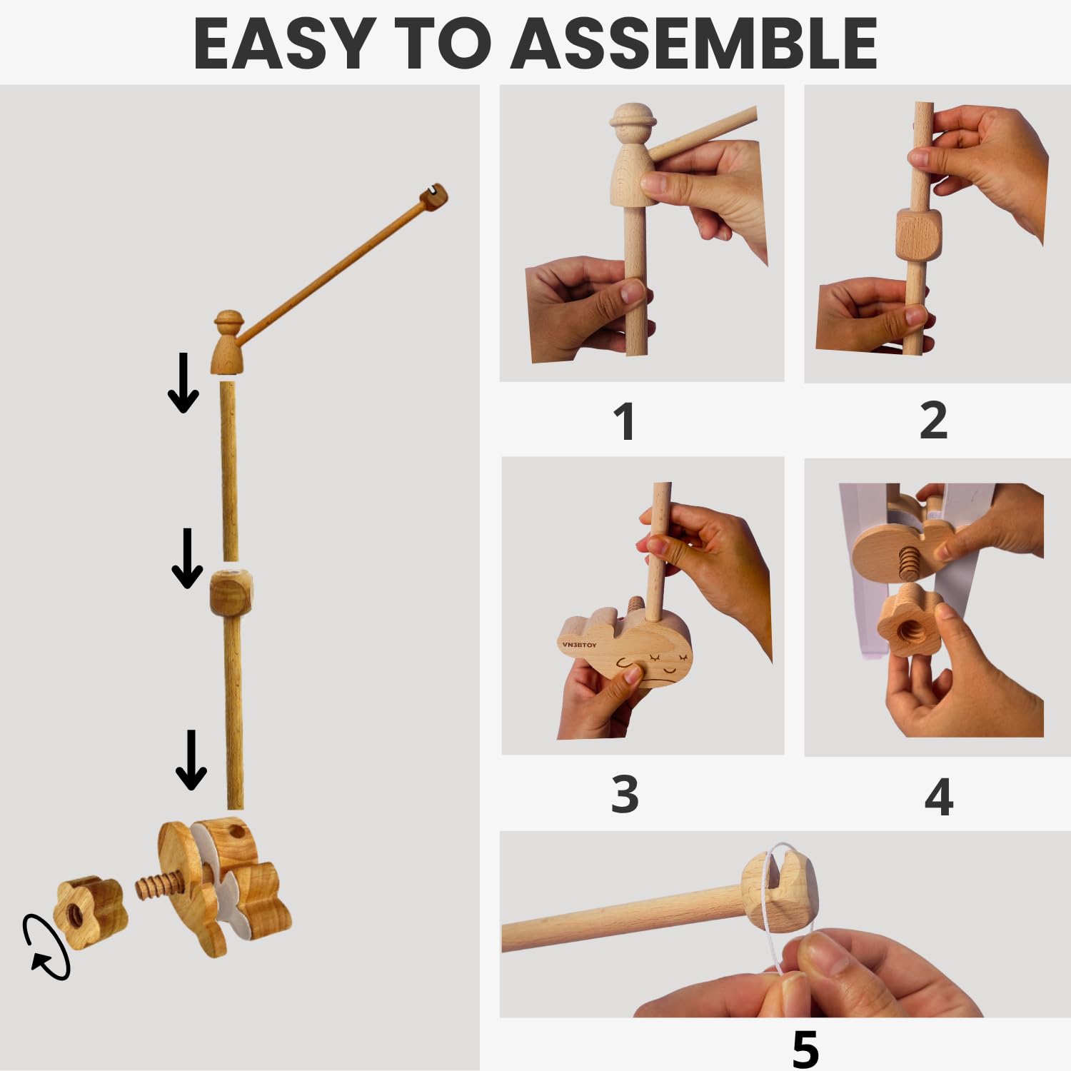 VN3BTOY Baby Mobile for Crib, Adjustable Wooden Arm Holder, Easy Install Nursery Accessory, Natural Gift for Newborn and Parents