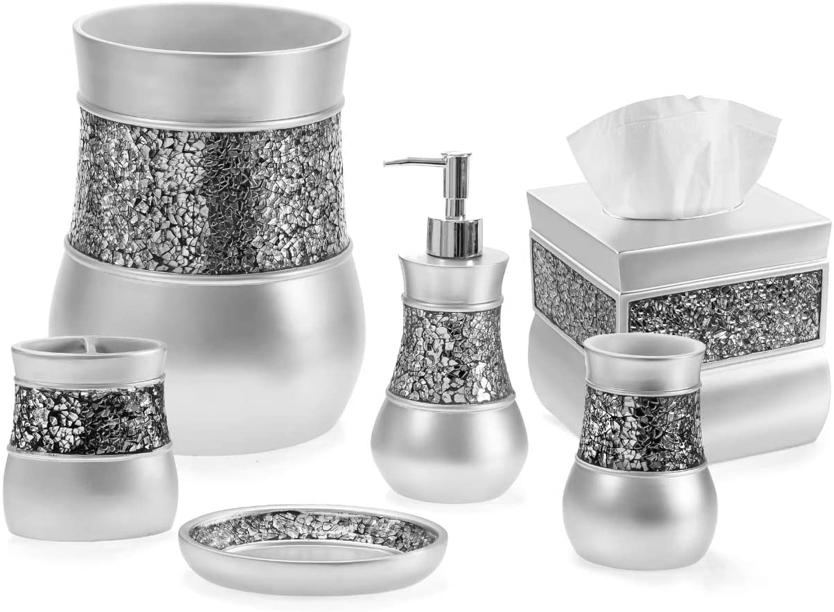 Creative Scents Silver Bathroom Accessories Set Complete - 6 Piece Mosaic Glass Bathroom Accessory Set Includes: Trash Can, Tiss