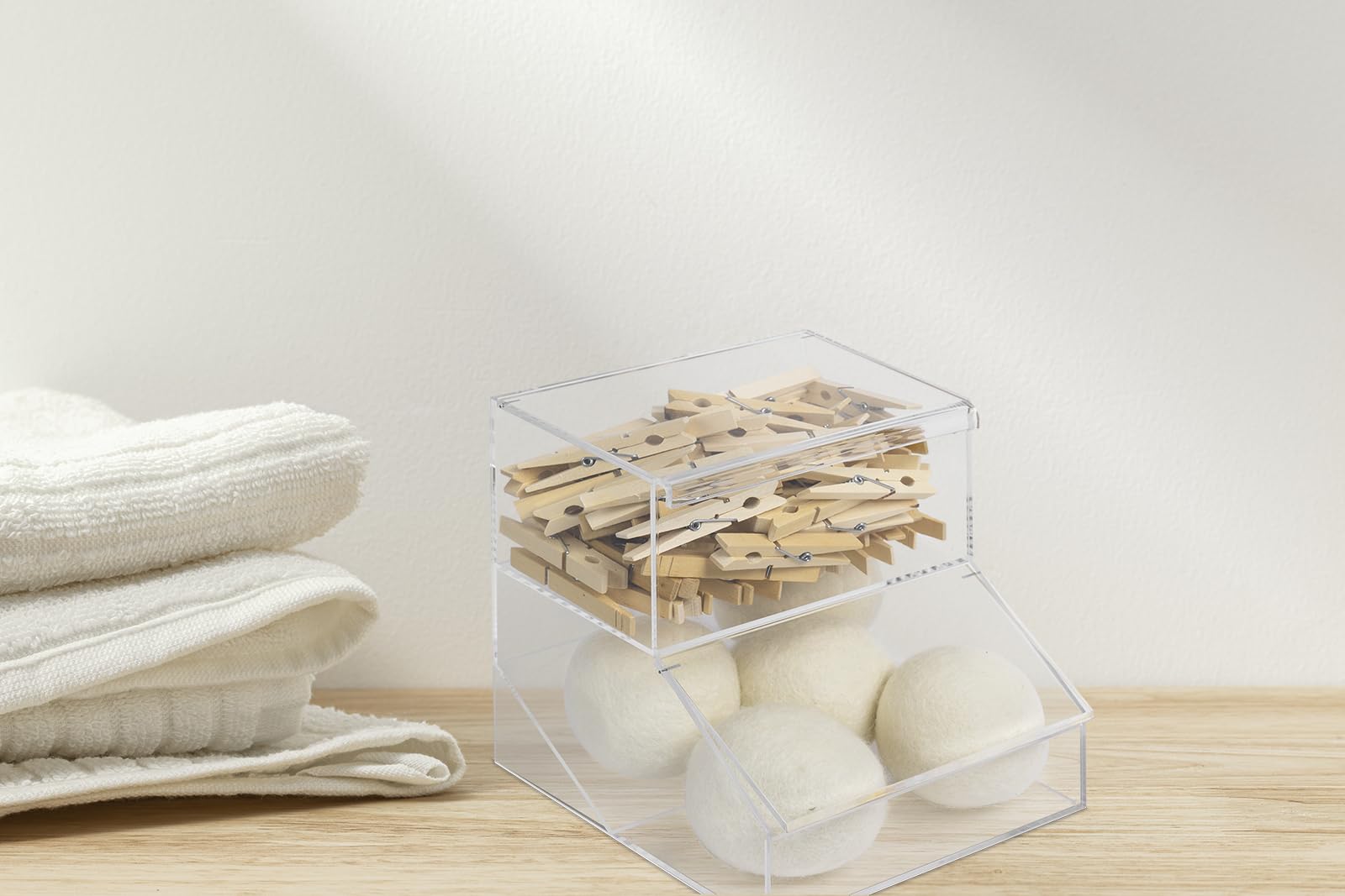 Inevibe Laundry Pod Holder & Dryer Sheet Dispenser - 2 Compartment Acrylic Container W/Lids For Storing Clothes Pins, Cotton Bal