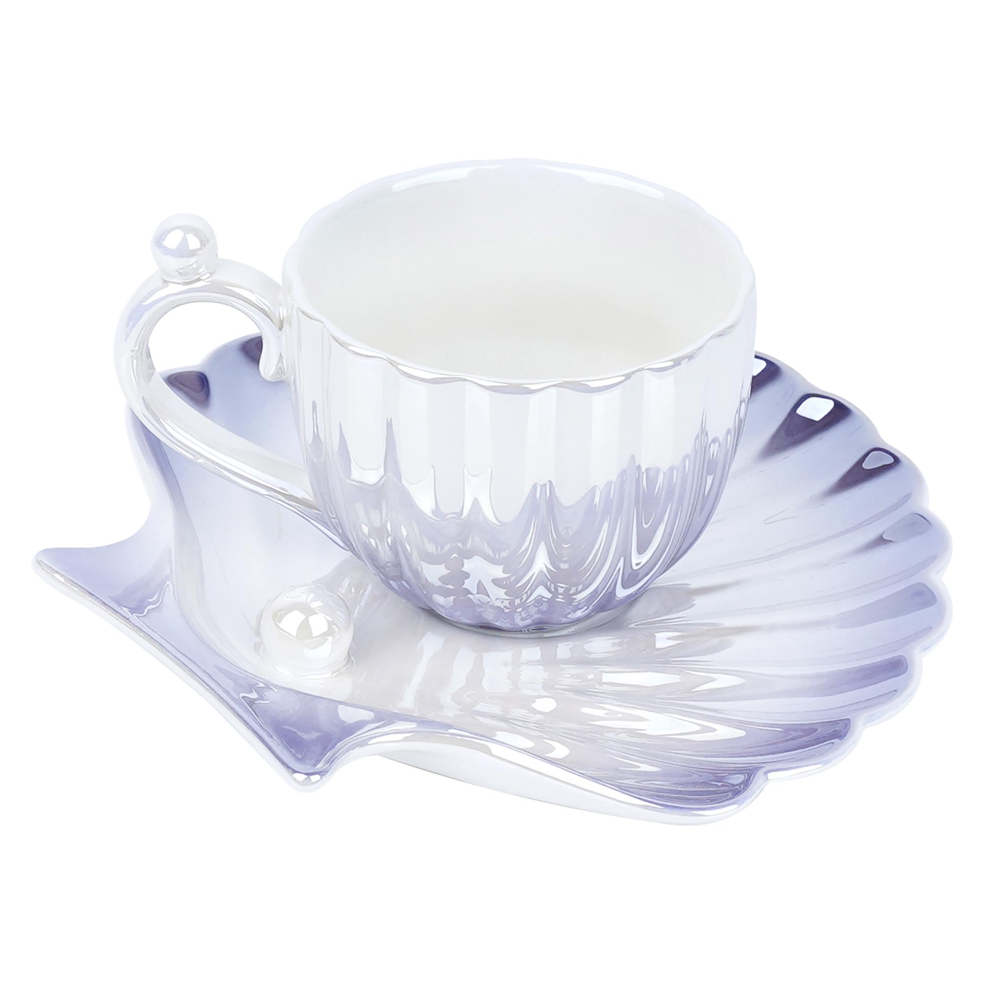 DODAMOUR Iridescent Pearl Shell Ceramic Coffee Mug and Saucer Set, 8 oz