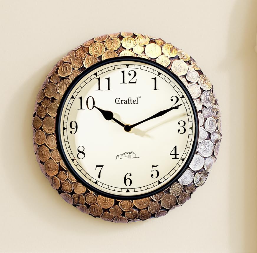Craftel Wooden Wall Clock For Home Dcor | Analog Round Wall Clock With Glass | Antique Coin Studded Brass Finish Diwar Ghadi | D