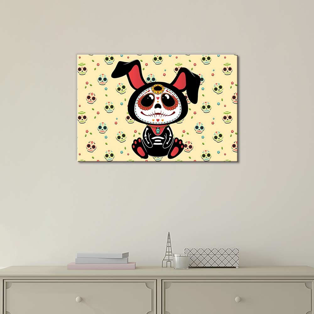 Wall26 - Canvas Print Wall Art - Day Of The Dead (Dia De Los Muertos) Style Bunny With Skulls Background - Gallery Wrap Modern H