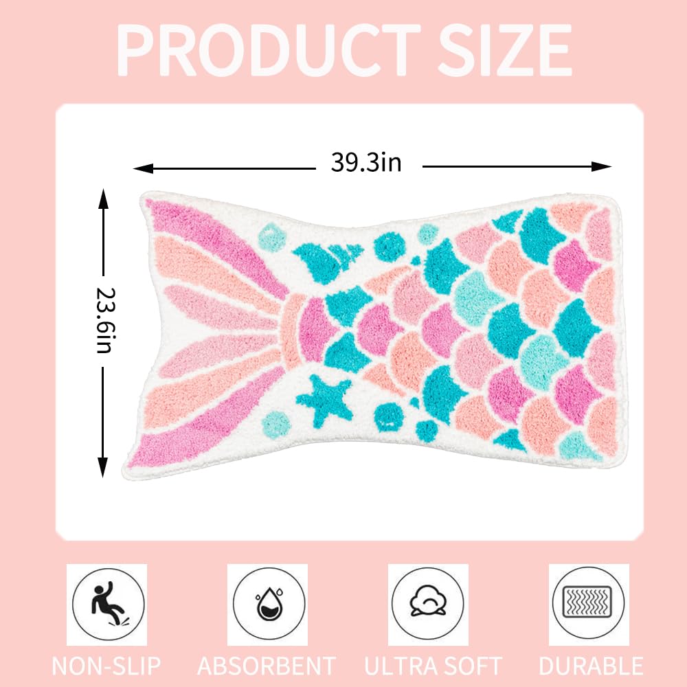Cute Mermaid Bath Mat Funny Pink Ocean Fish Mermaid Scales Tail Shape Bath Rugs For Bathroom Non-Slip Soft Thick Microfiber Abso