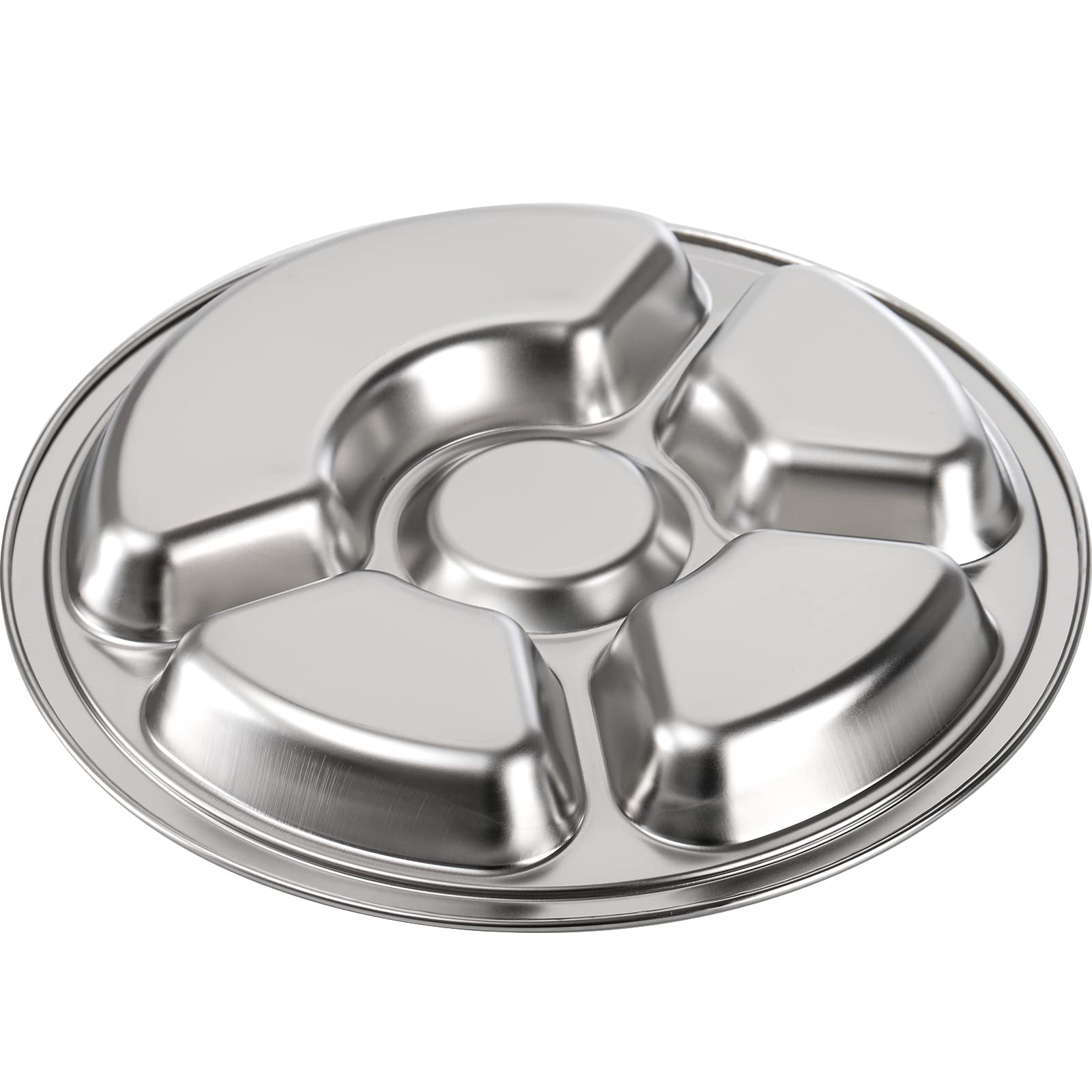 Zoofox Set Of 4 Stainless Steel Divided Dinner Plate, Stainless Steel Plates With 5 Sections, Round Serving Platter, Cafeteria M