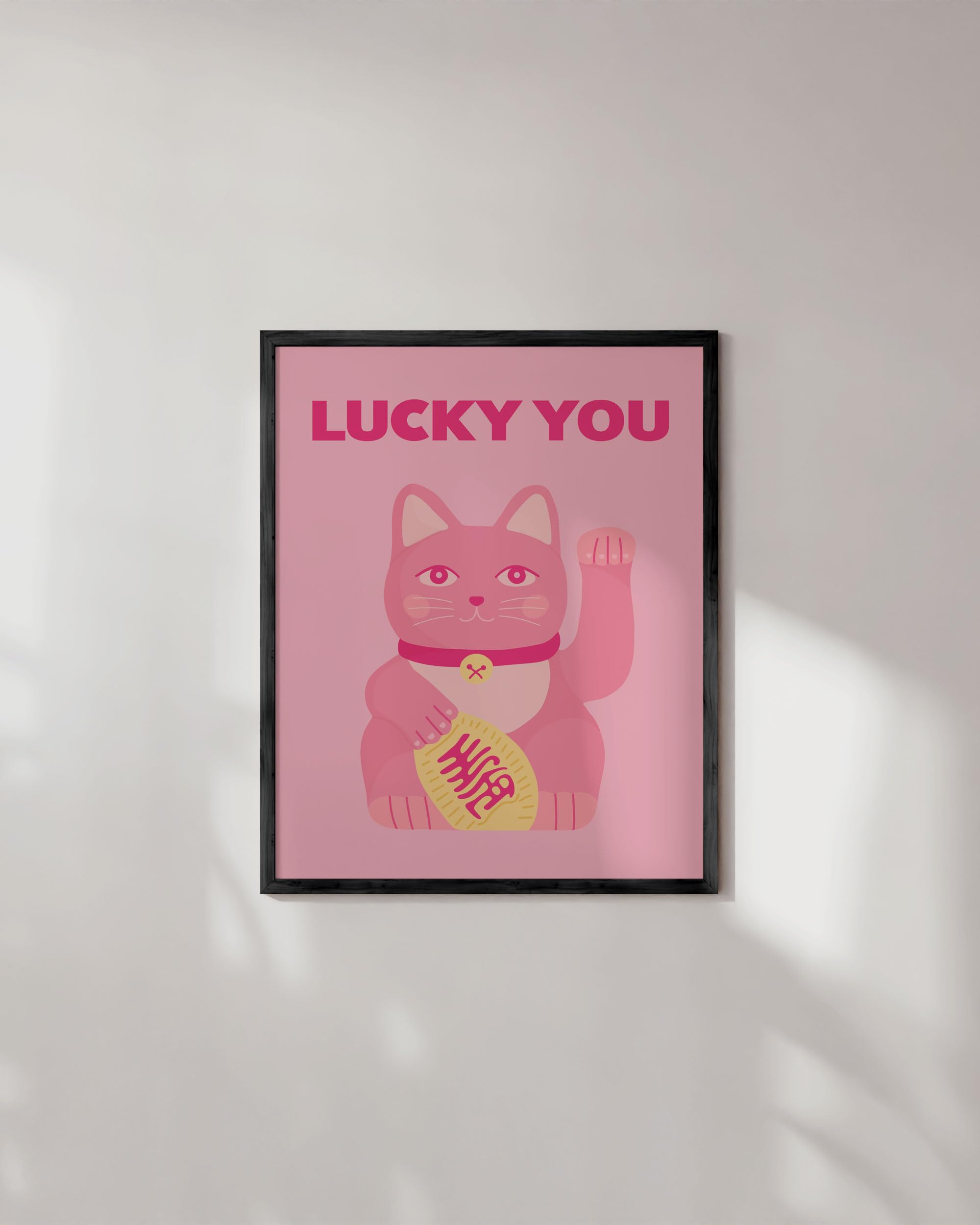 HAUS AND HUES Pink Cat Wall Art - Lucky Cat Poster, 12x16 Unframed, Aesthetic Decor for Bedroom, Dorm, or Office