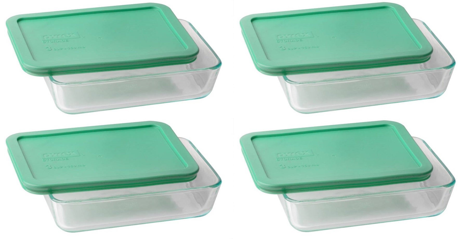 Pyrex 3-cup Rectangle Glass Food Storage Set Container (Pack of 4 Containers) Made in the USA