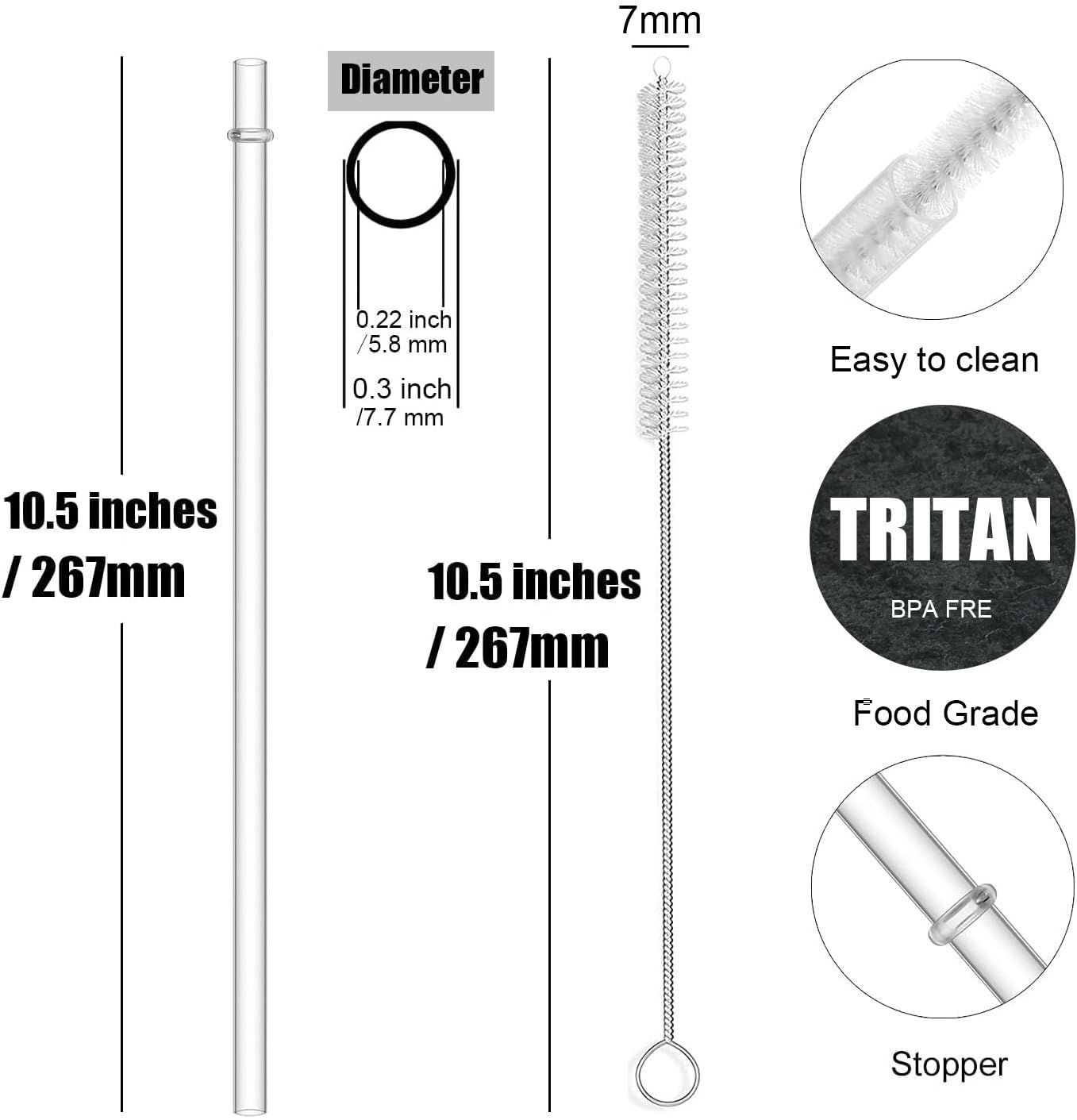 ALINK 10.5 in Tritan Hard Plastic Clear Straws  Long Reusable Clear Replacement Tumbler Drinking Straws for 16 oz 20 oz 30 oz Stanley  YETI  Starbucks  Mason Jars  Set of 10 with Brush