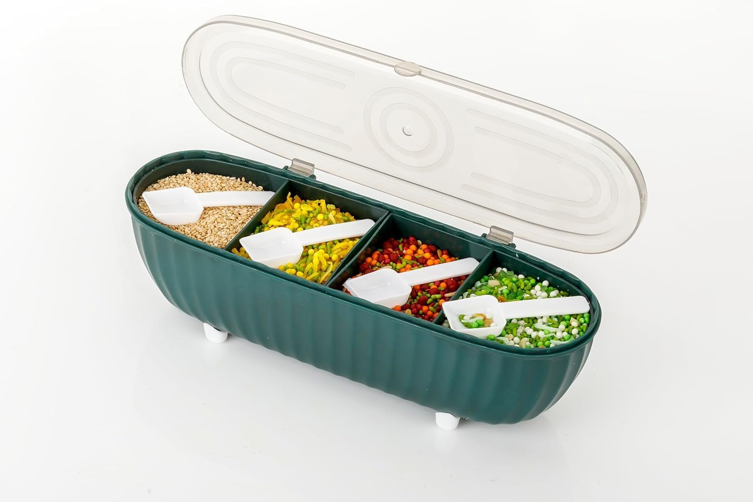 Tupermar 4 In 1 Masala Box Multipurpose 4 In 1 Masala Box For Kitchen Hotel Transparent Pickel Box In 4 Compartment Storage Cont
