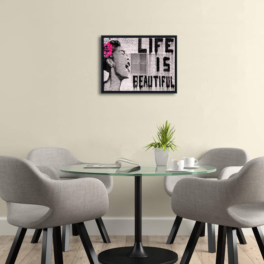 Pyradecor Black Framed Banksy Life Is Beautiful Artwork Modern Grey Love Pictures Paintings Canvas Prints Wall Art For Bedroom L