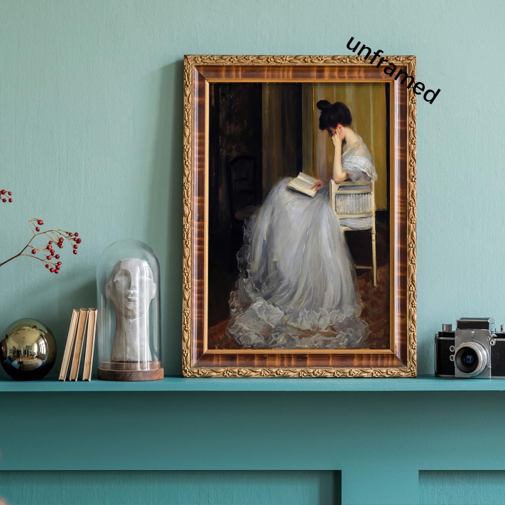 uoyien Vintage French Canvas Wall Art - Woman Reading Portrait, 16x24in Unframed, Off-white, Dark Academia Aesthetic Decor