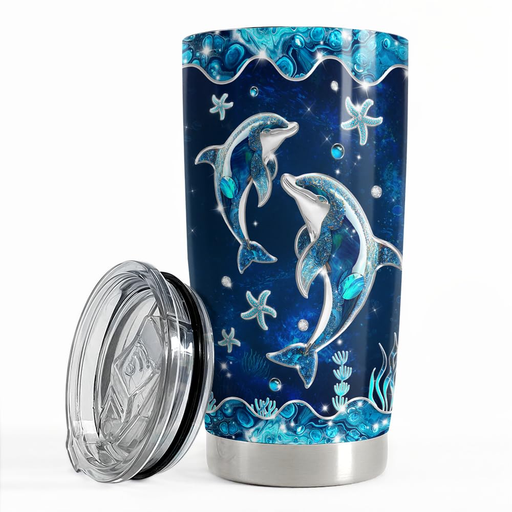 SANDJEST Dolphin Gifts for Women Girls Dolphin Tumbler 20oz Jewelry Drawings Stainless Steel Insulated Tumblers Coffee Travel Mu